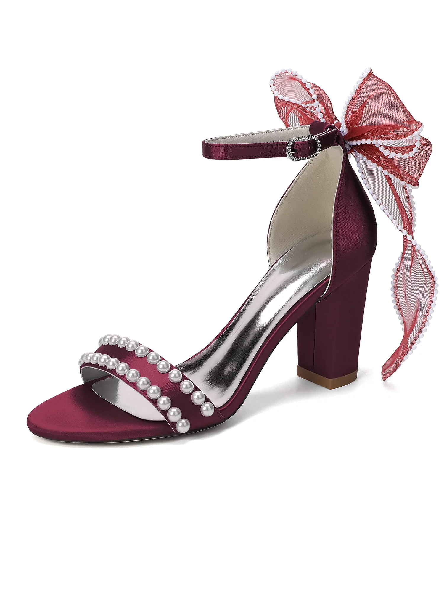 Satin-Blockabsatzsandalen mit Perlen-Tüllschleife - Image 2