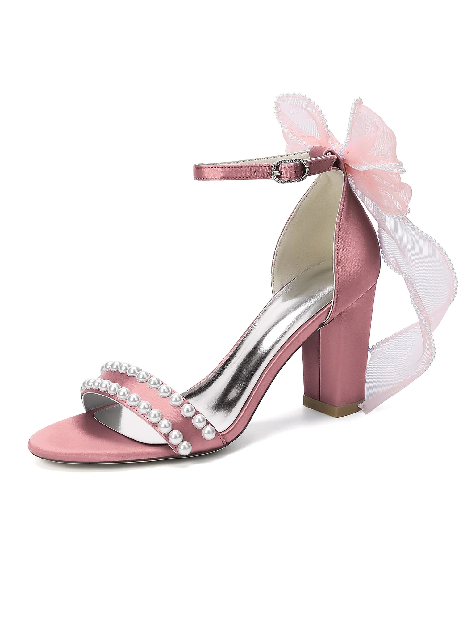 Satin-Blockabsatzsandalen mit Perlen-Tüllschleife - Image 4