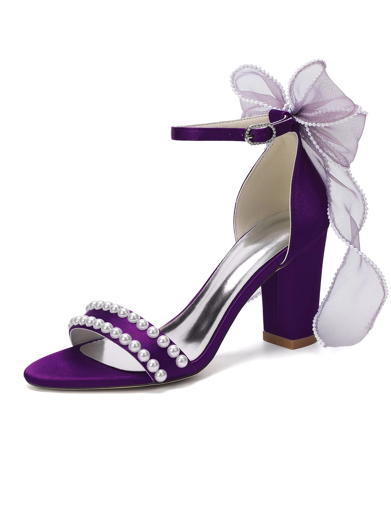Satin-Blockabsatzsandalen mit Perlen-Tüllschleife - Image 5