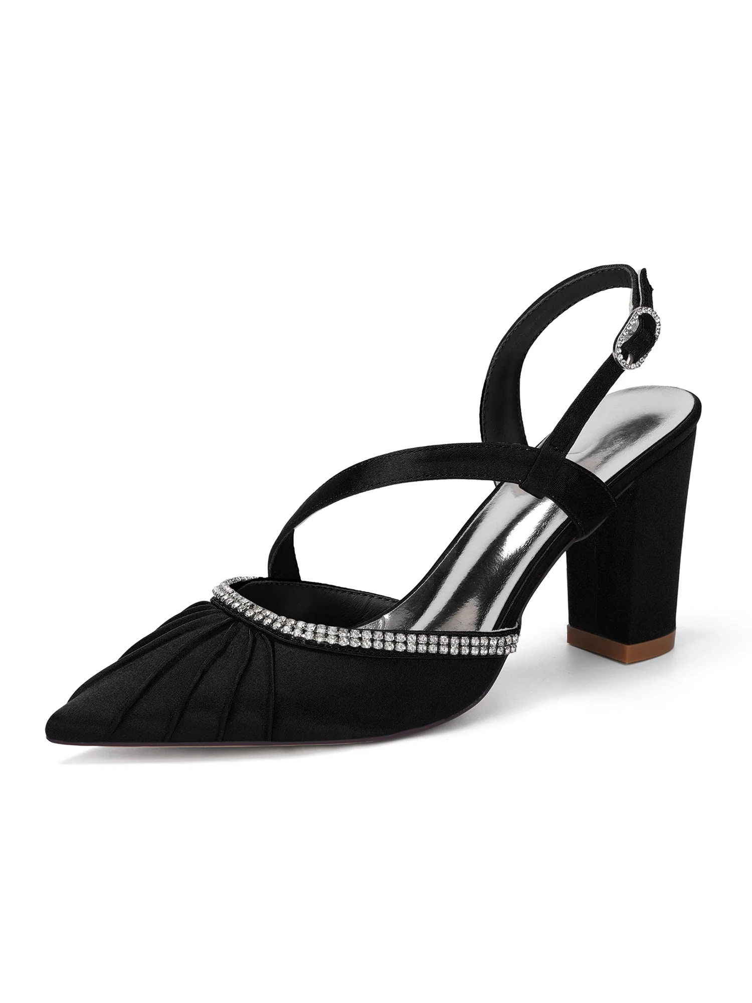Plissierte Satin-Pumps mit Blockabsatz und Strass