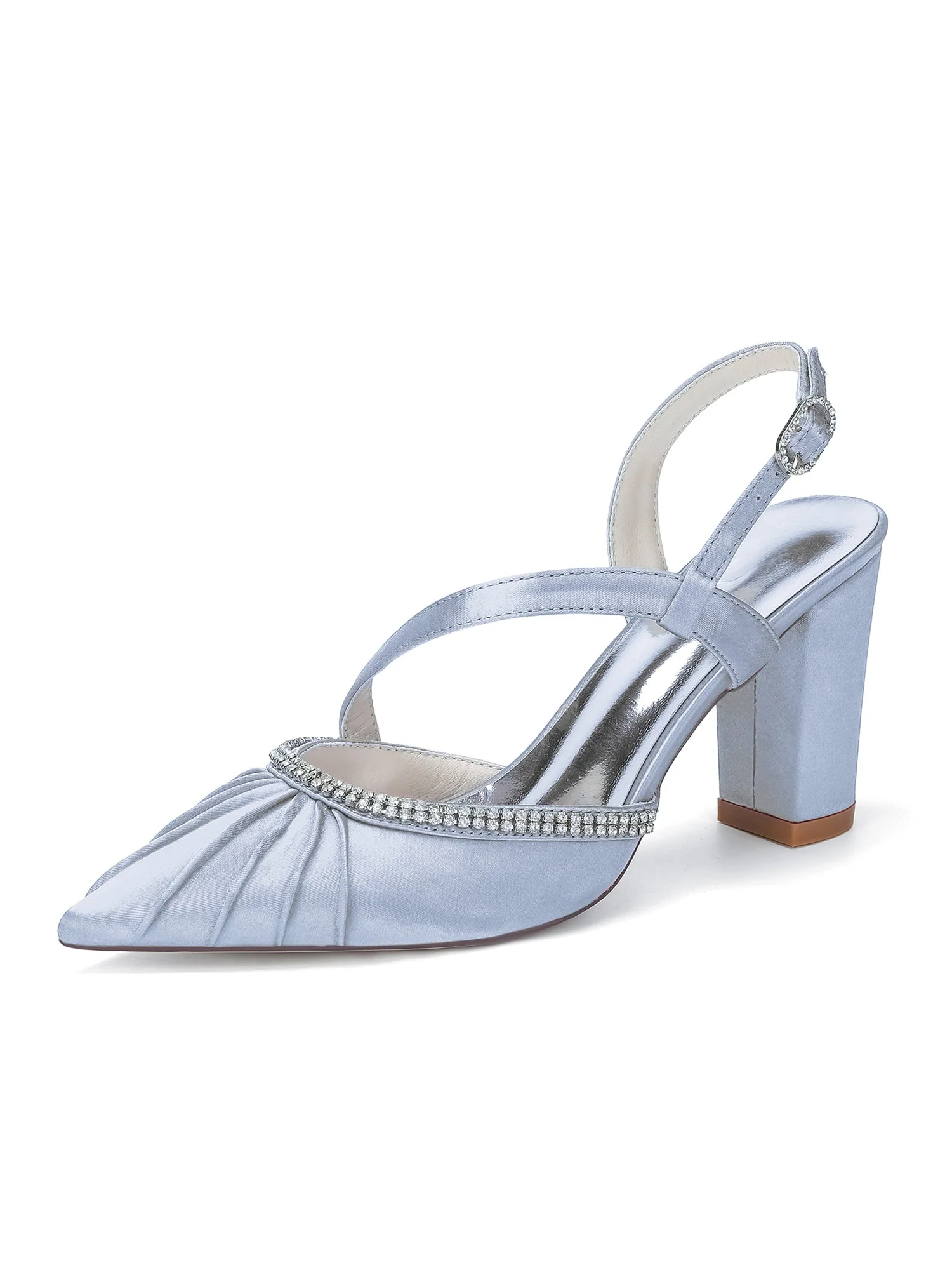 Plissierte Satin-Pumps mit Blockabsatz und Strass - Image 16