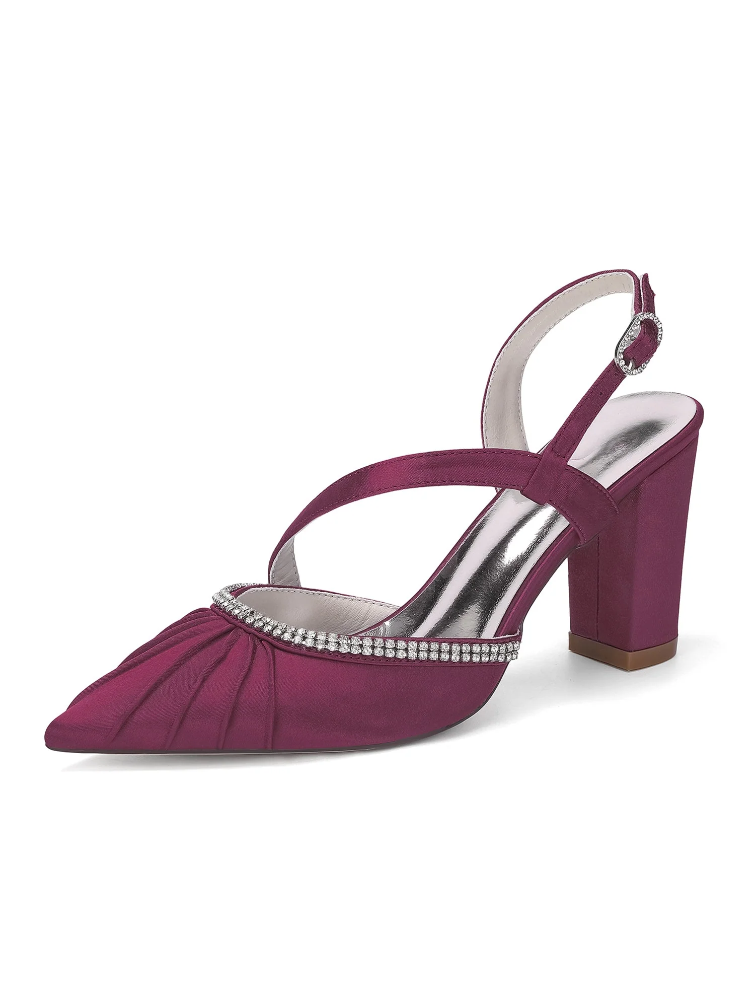 Plissierte Satin-Pumps mit Blockabsatz und Strass - Image 2