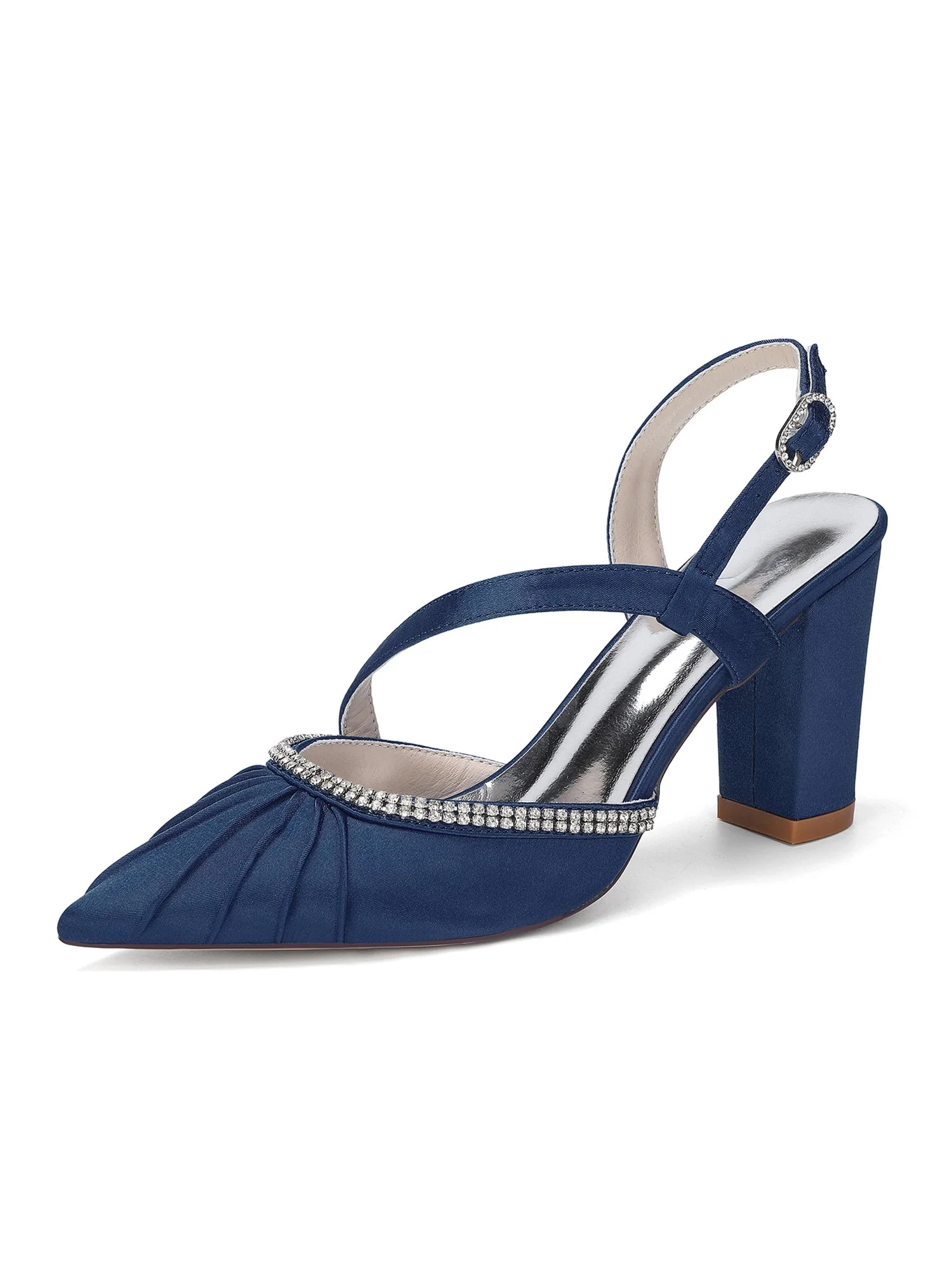 Plissierte Satin-Pumps mit Blockabsatz und Strass - Image 5