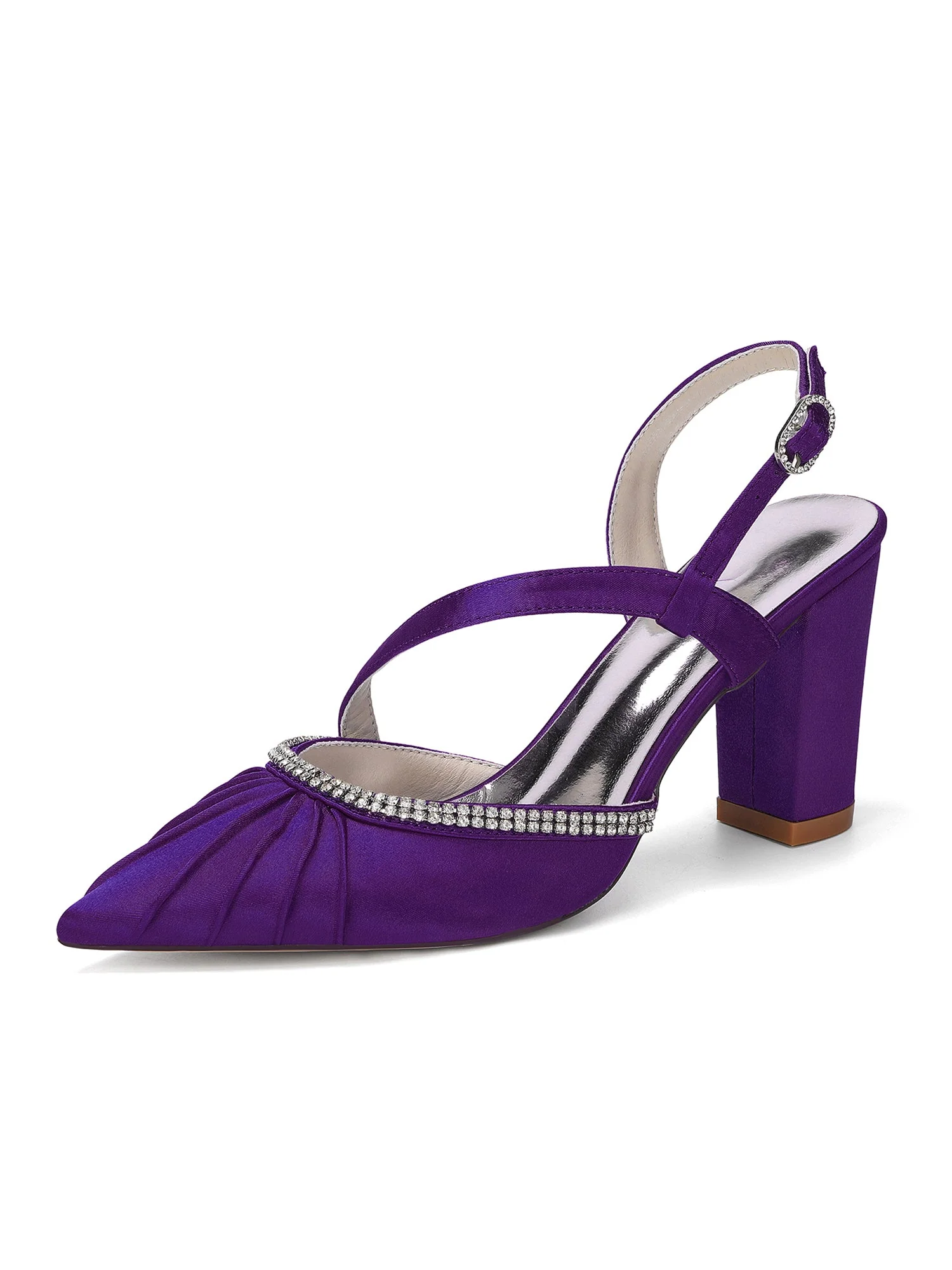Plissierte Satin-Pumps mit Blockabsatz und Strass - Image 8