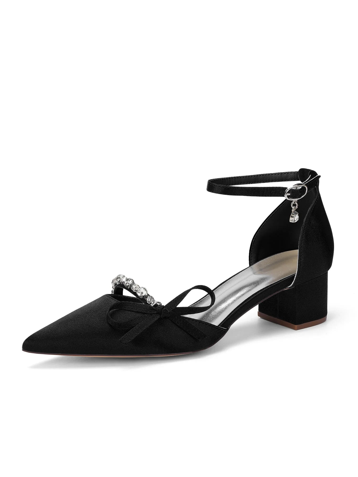 Satin Schuhe mit Blockabsatz, Schleife und Strass
