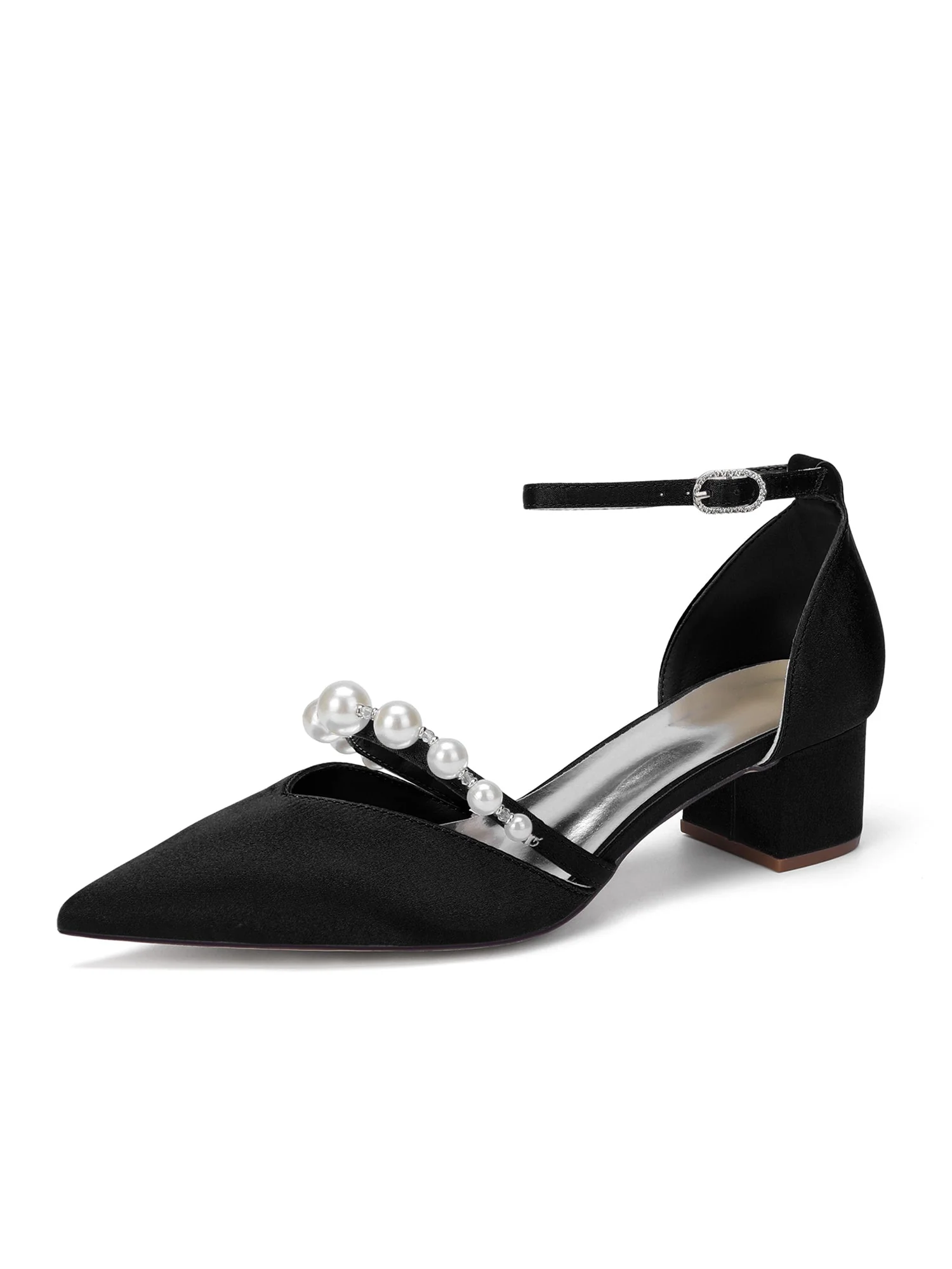 Satin Pumps mit gebogenem Perlenriemen