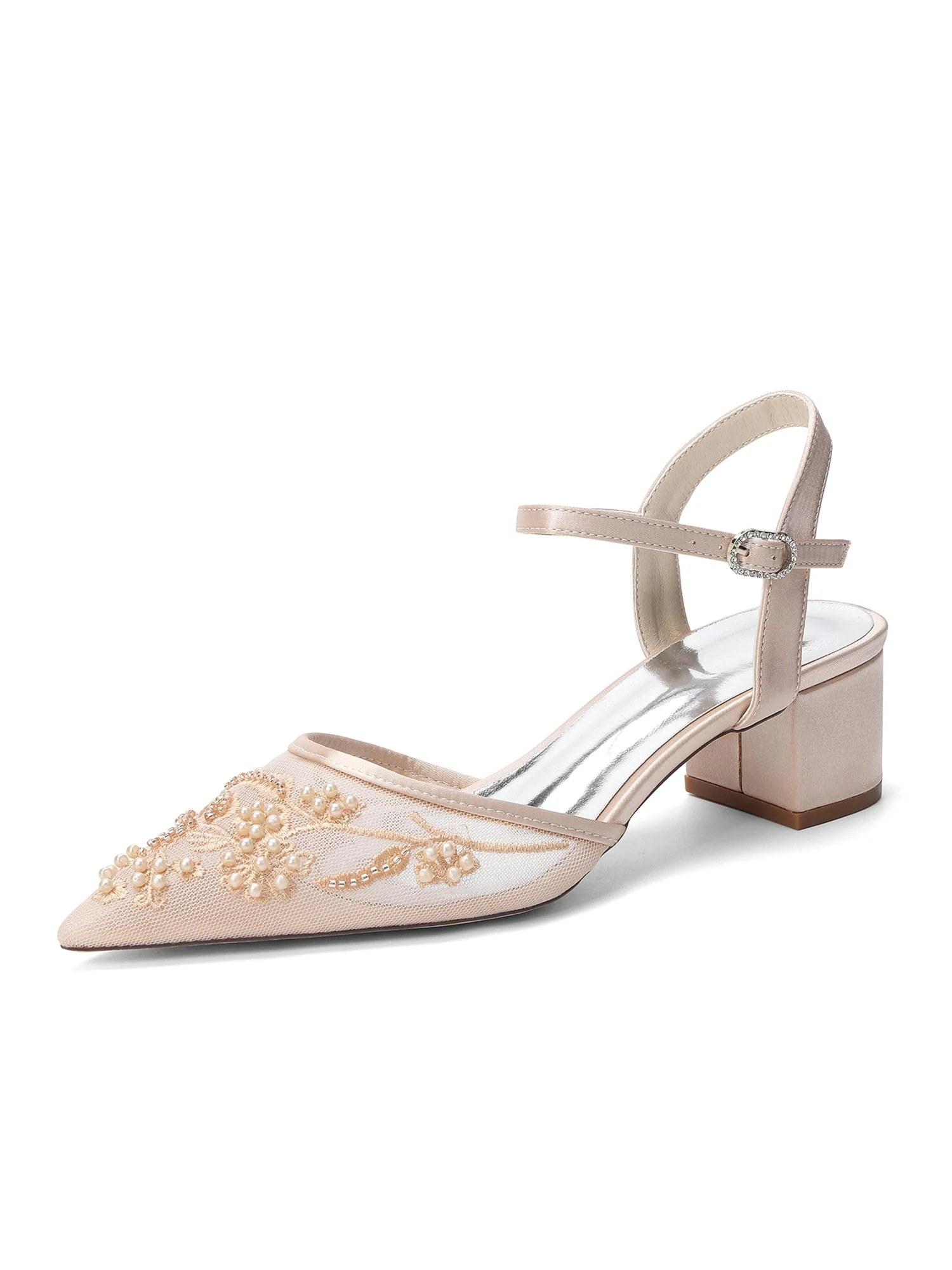 Sandaletten mit Blockabsatz aus Spitzen-Mesh und Satin