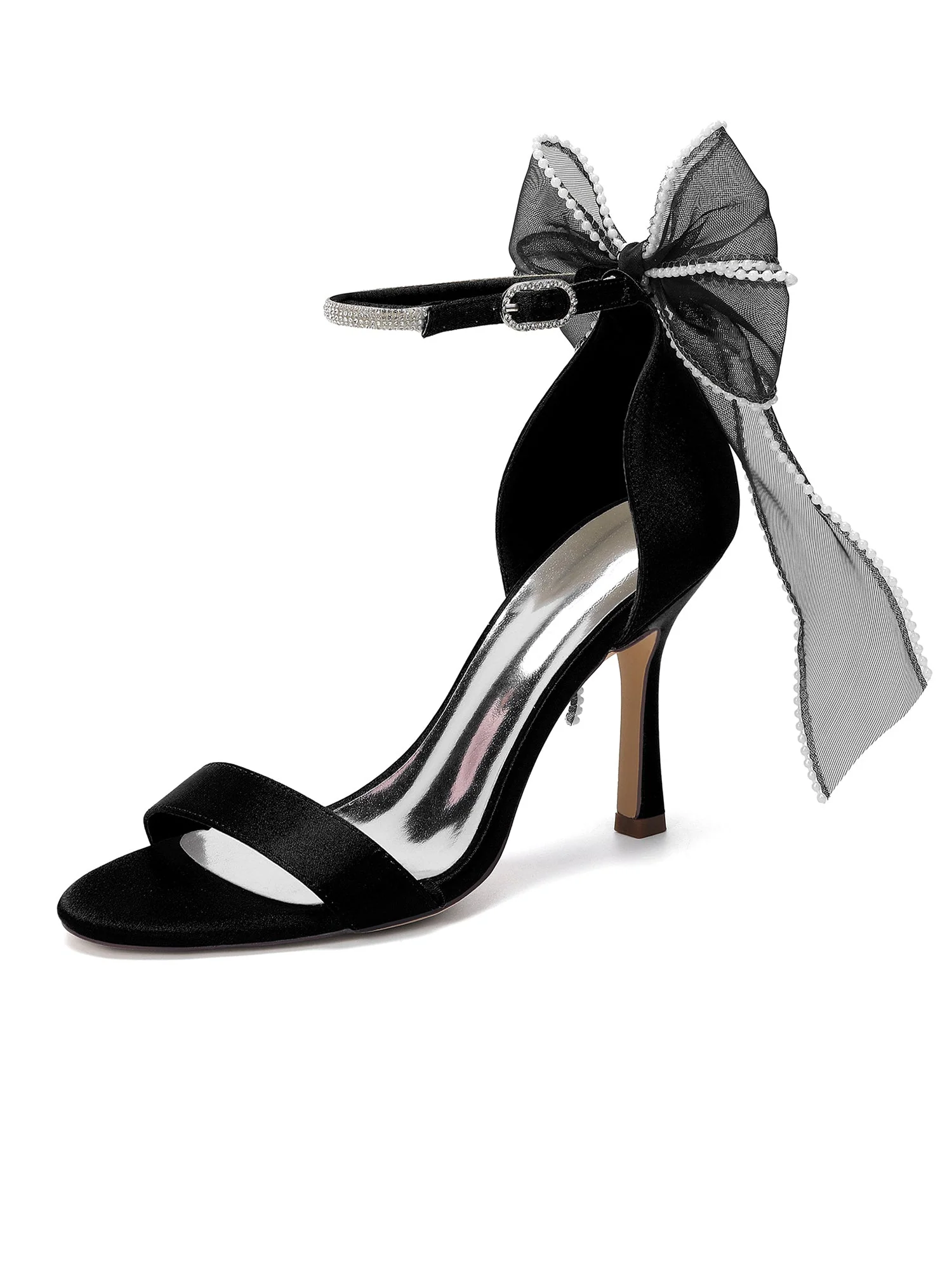 Stiletto-Sandalen mit Kristallriemen und Tüllschleife