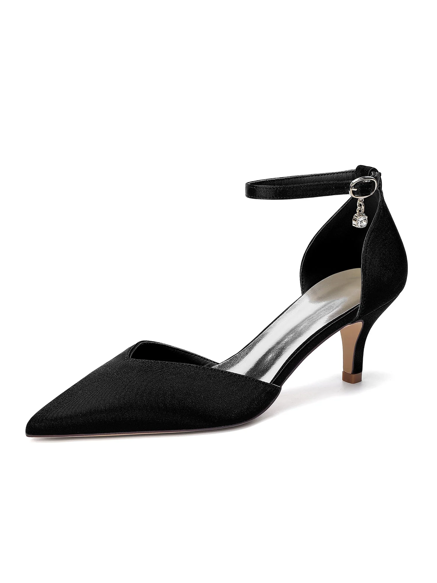 Satin-Kitten-Heels mit spitzer Kappe und Strass