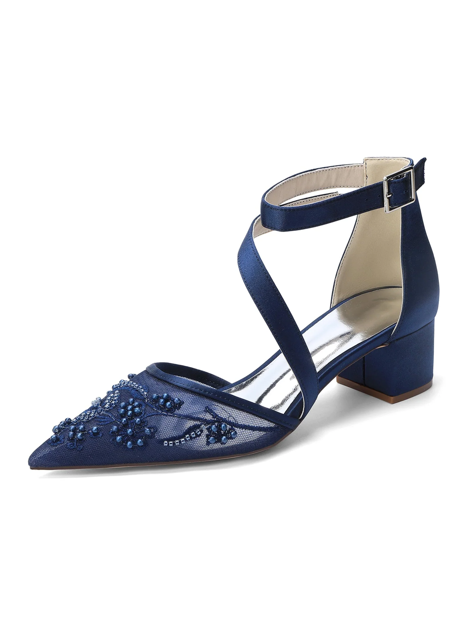 Pumps mit Blockabsatz und Diagonalriemen aus Spitzen-Mesh - Image 3