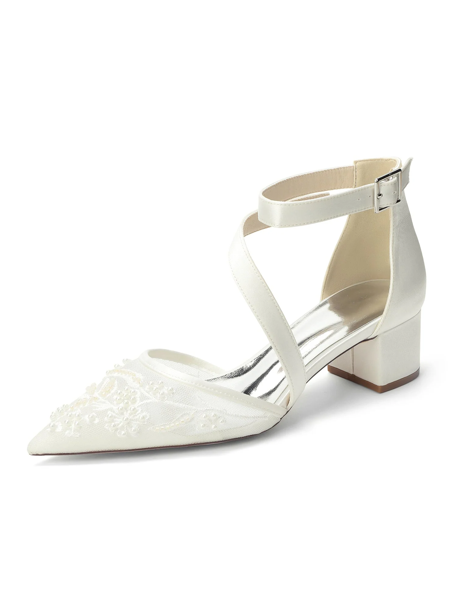 Pumps mit Blockabsatz und Diagonalriemen aus Spitzen-Mesh - Image 4