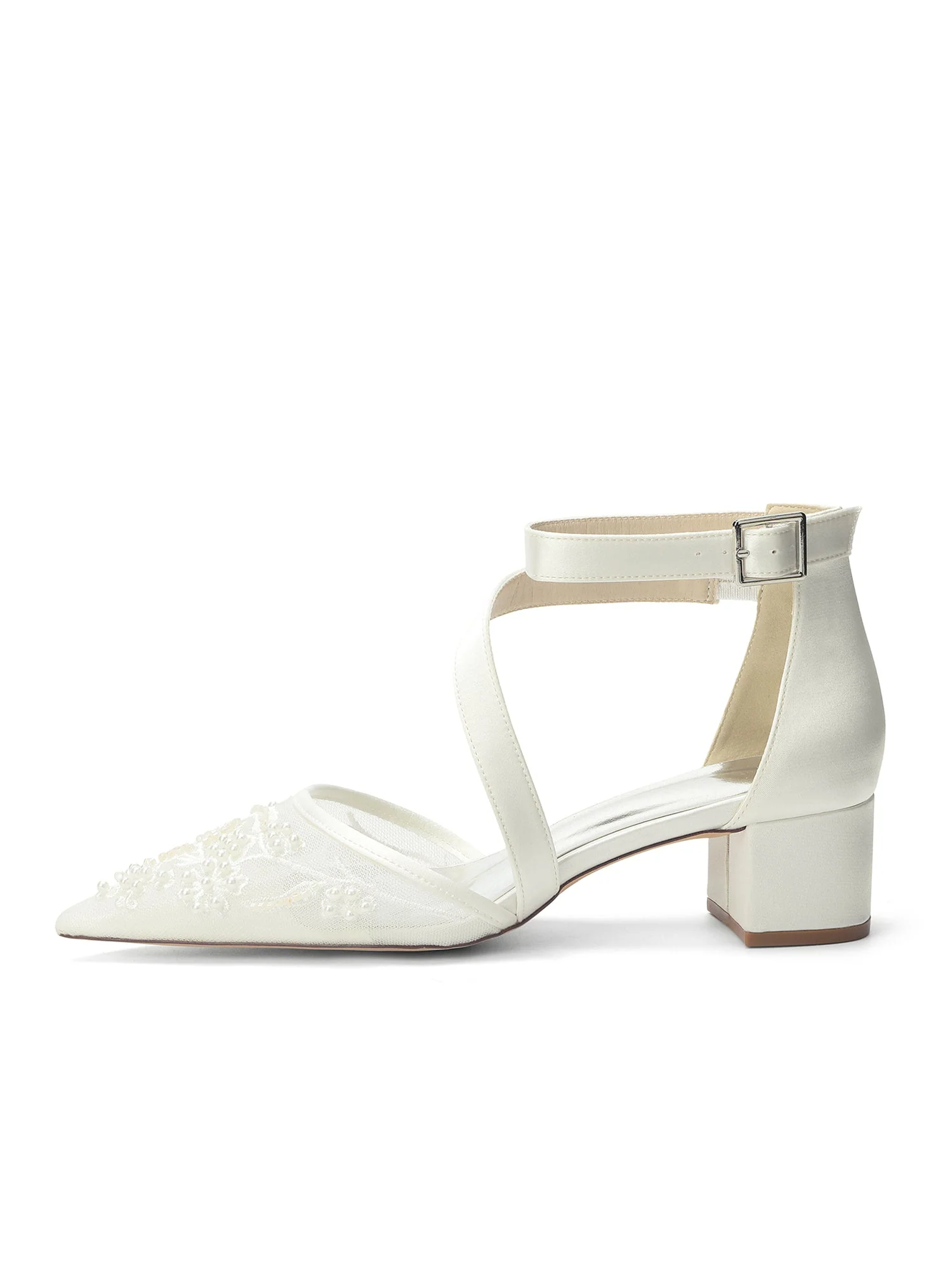 Pumps mit Blockabsatz und Diagonalriemen aus Spitzen-Mesh - Image 5