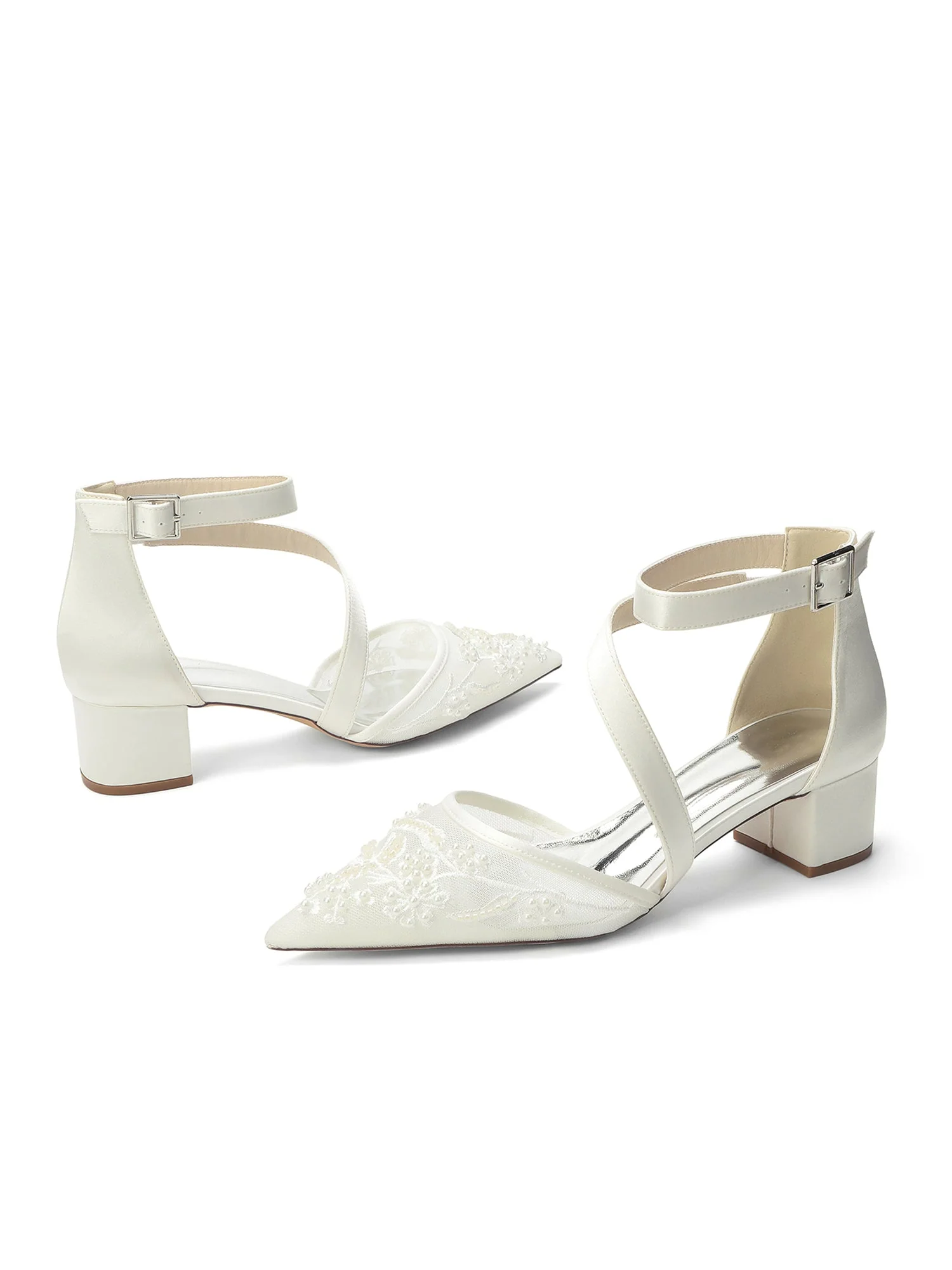 Pumps mit Blockabsatz und Diagonalriemen aus Spitzen-Mesh - Image 8