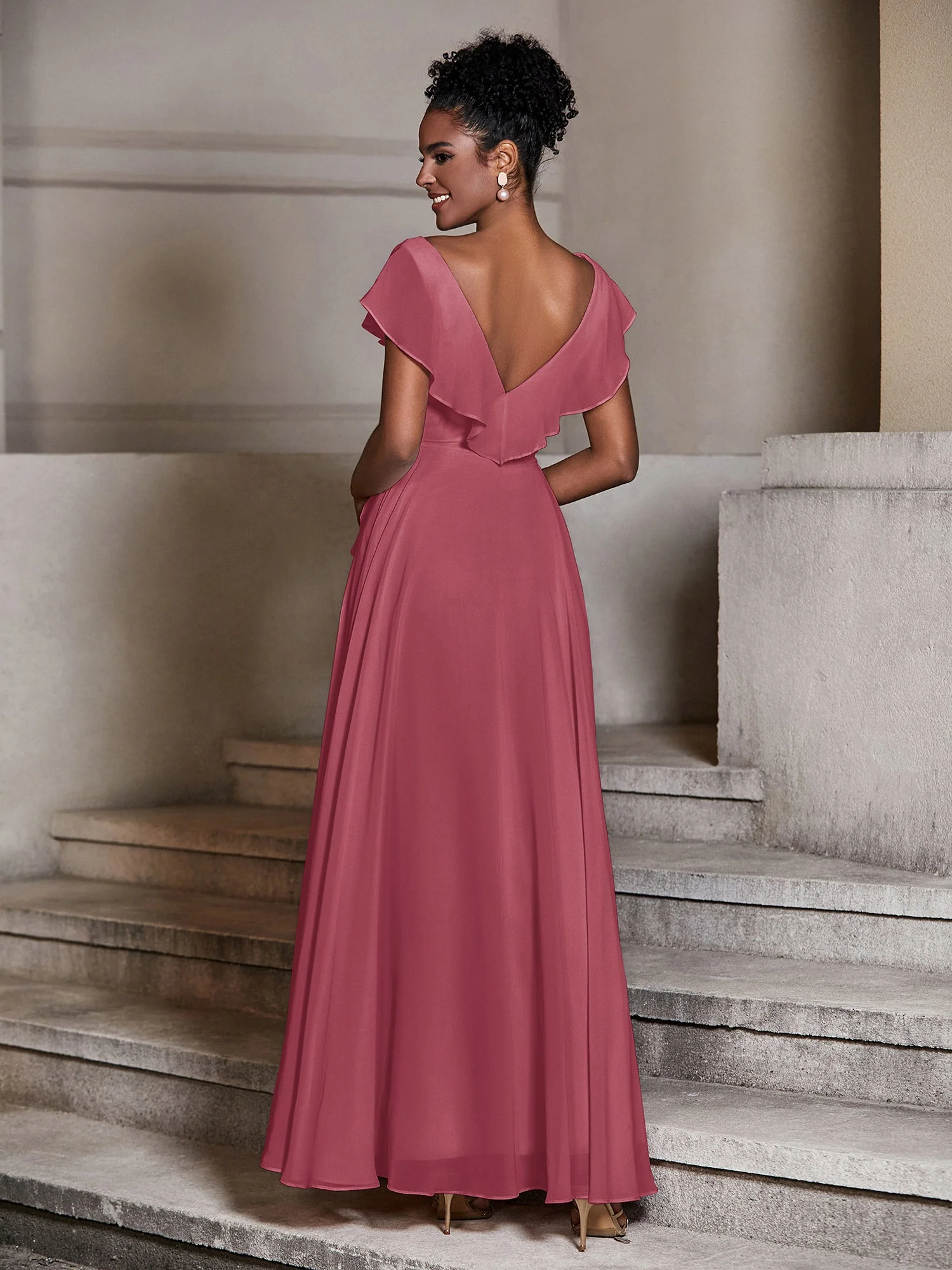 V-Ausschnitt Chiffon Kleider mit Capped Ärmeln Zimtrose - Image 2