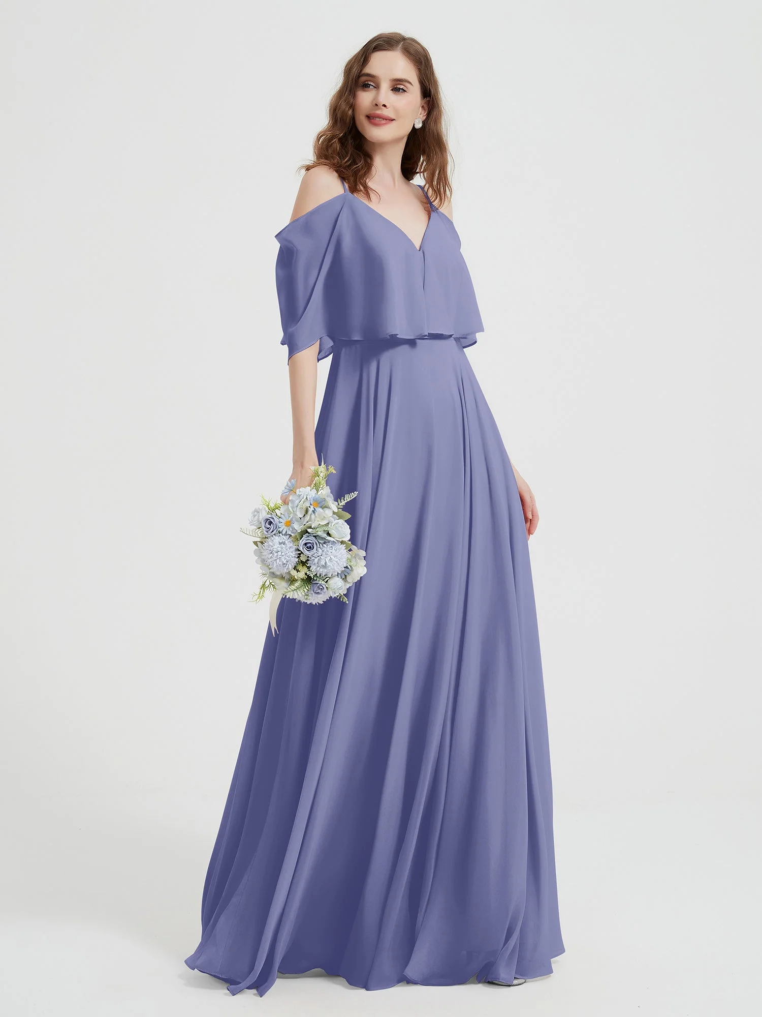 Rüschen Ärmel Chiffon Kleider mit Spaghetti Träger Periwinkleblau