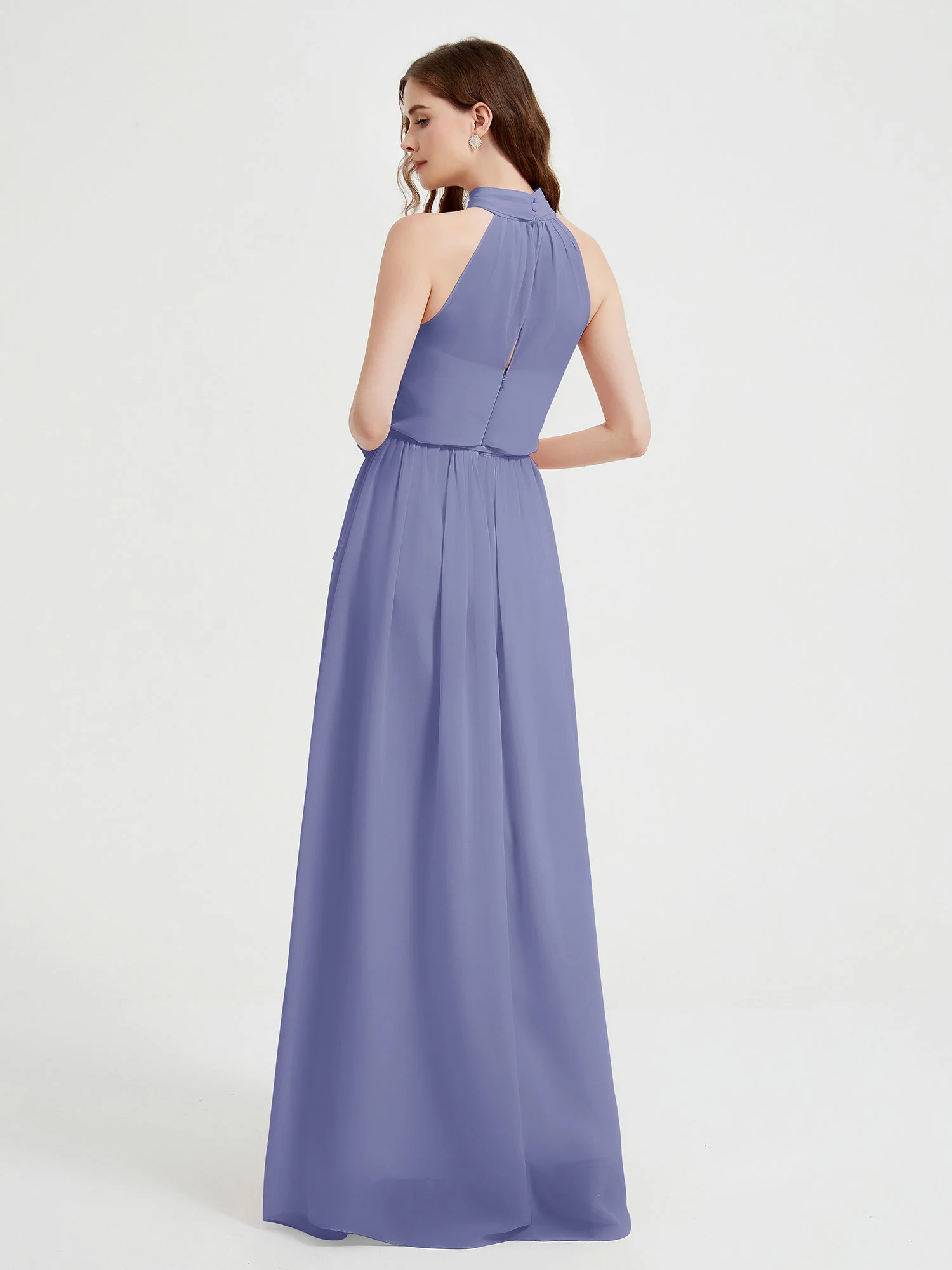 High Neck Chiffon Kleider mit Schlitz und Schleife Schärpe Periwinkleblau - Image 2