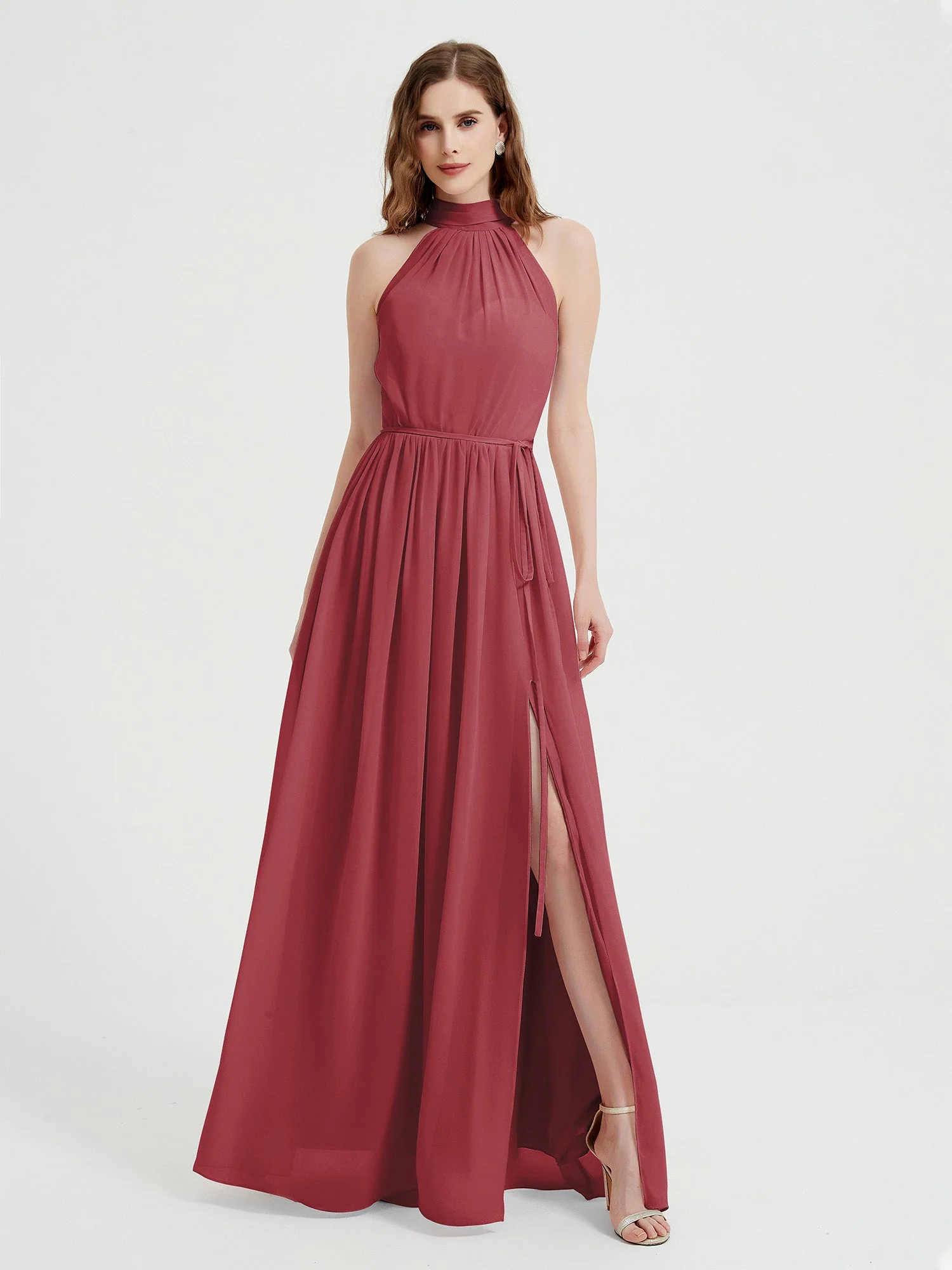High Neck Chiffon Kleider mit Schlitz und Schleife Schärpe Zimtrose