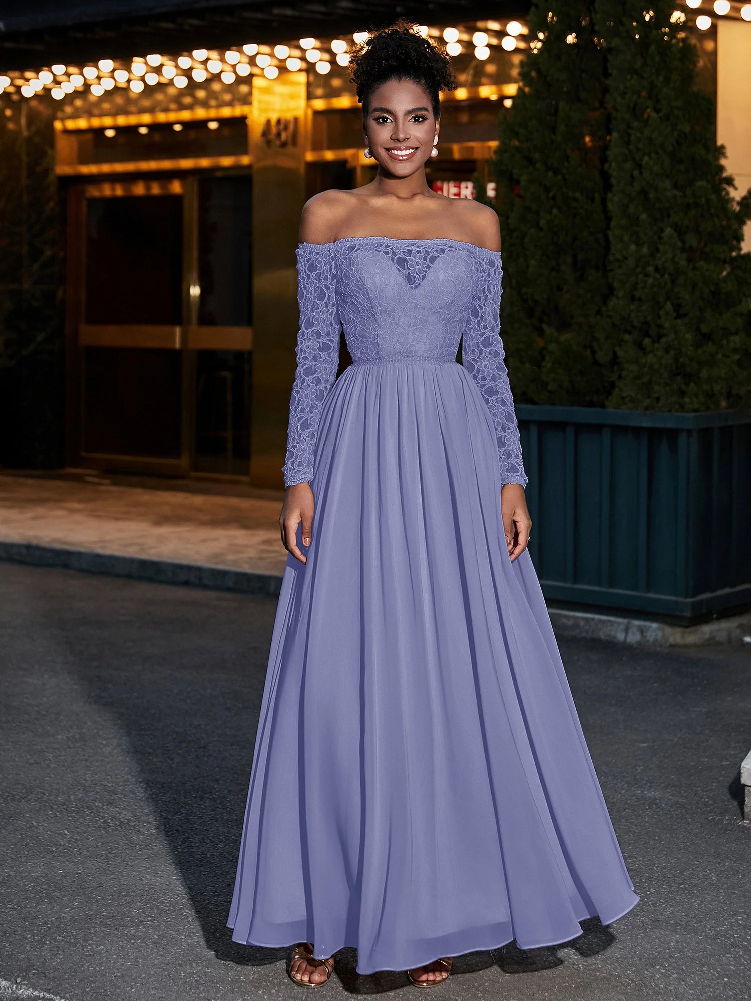 Spitze und Chiffon Lange Ärmel Kleider mit Taschen Periwinkleblau