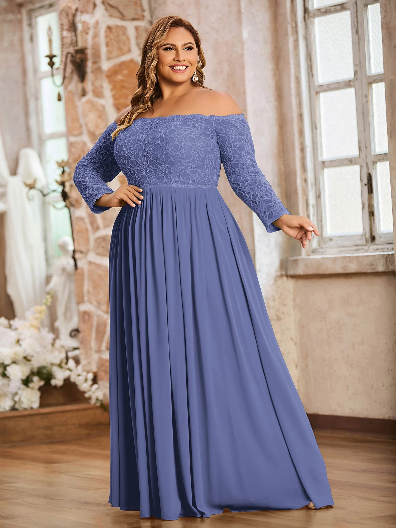 Spitze und Chiffon Lange Ärmel Kleider mit Taschen Periwinkleblau - Image 6