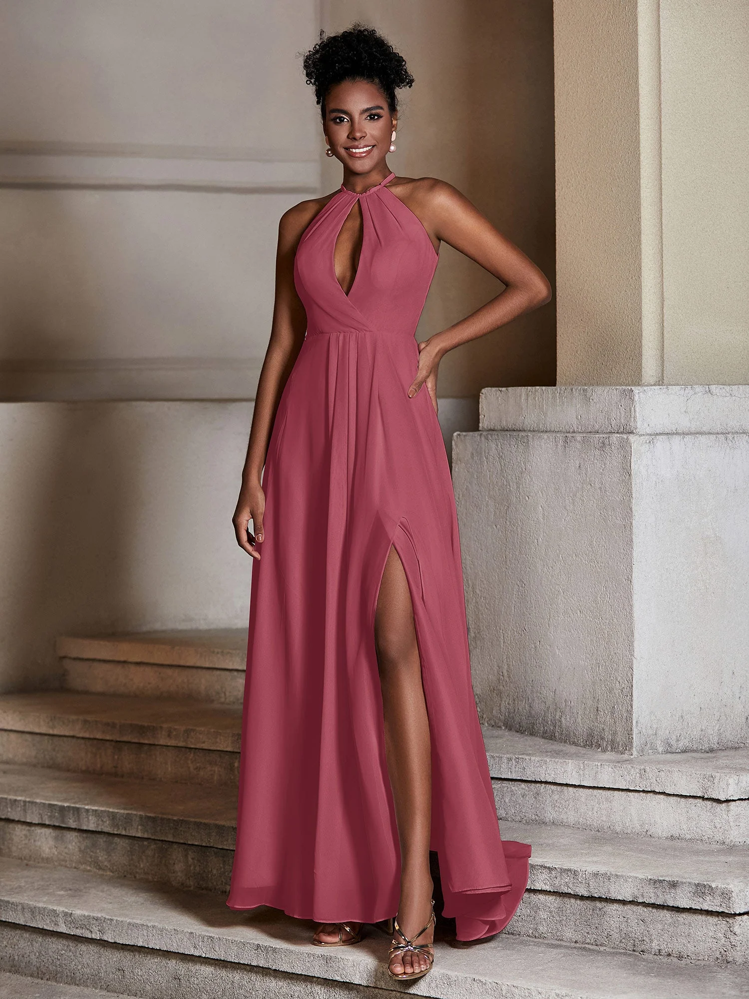 Chiffon lange Neckholder Kleider mit Schlitz Zimtrose