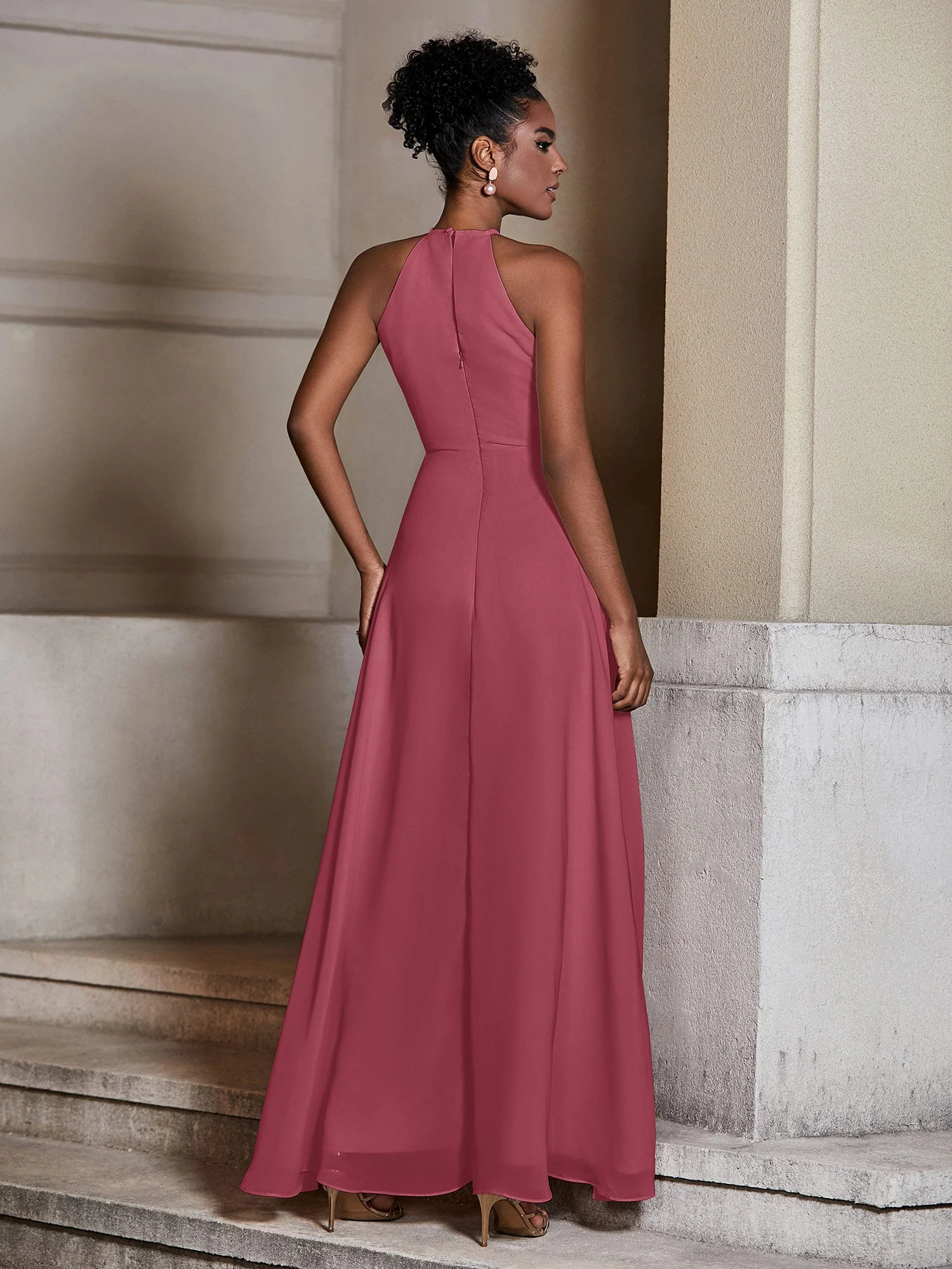 Chiffon lange Neckholder Kleider mit Schlitz Zimtrose - Image 2