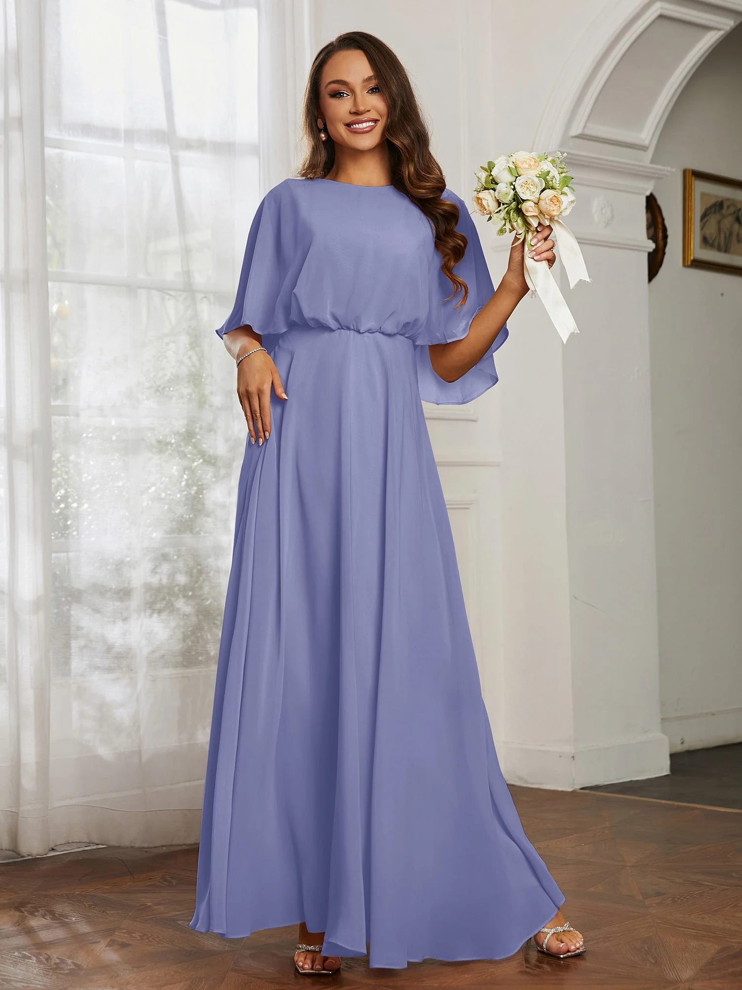 Flattern Ärmel lange Chiffon Brautjungfernkleider Periwinkleblau