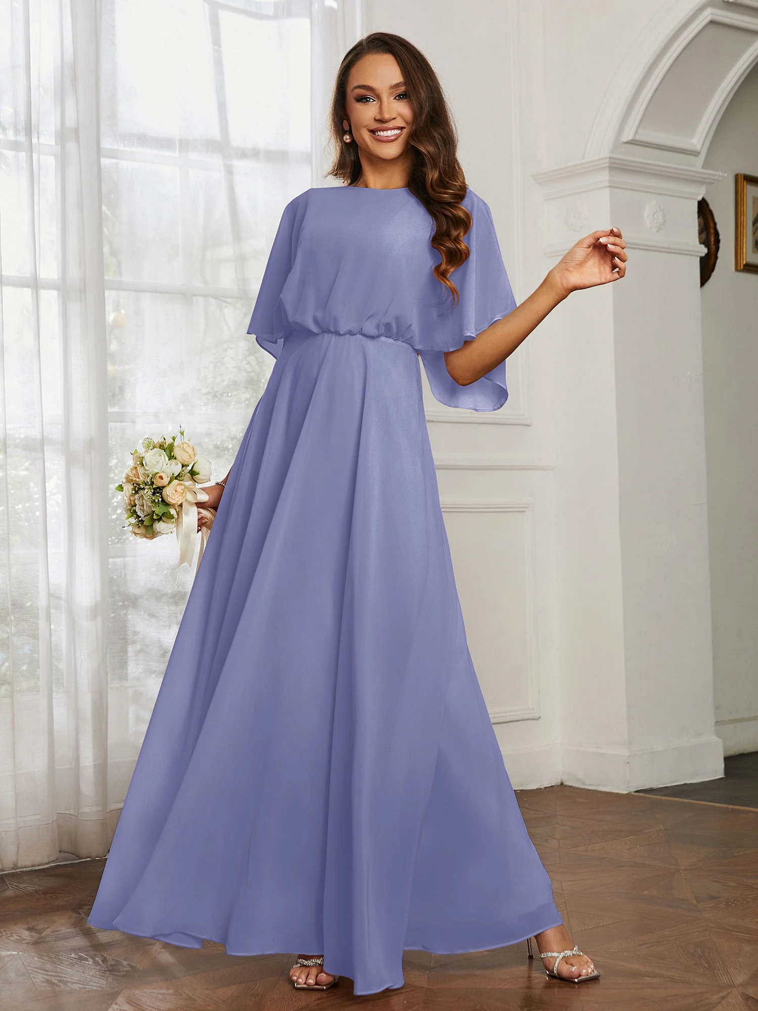 Flattern Ärmel lange Chiffon Brautjungfernkleider Periwinkleblau - Image 3