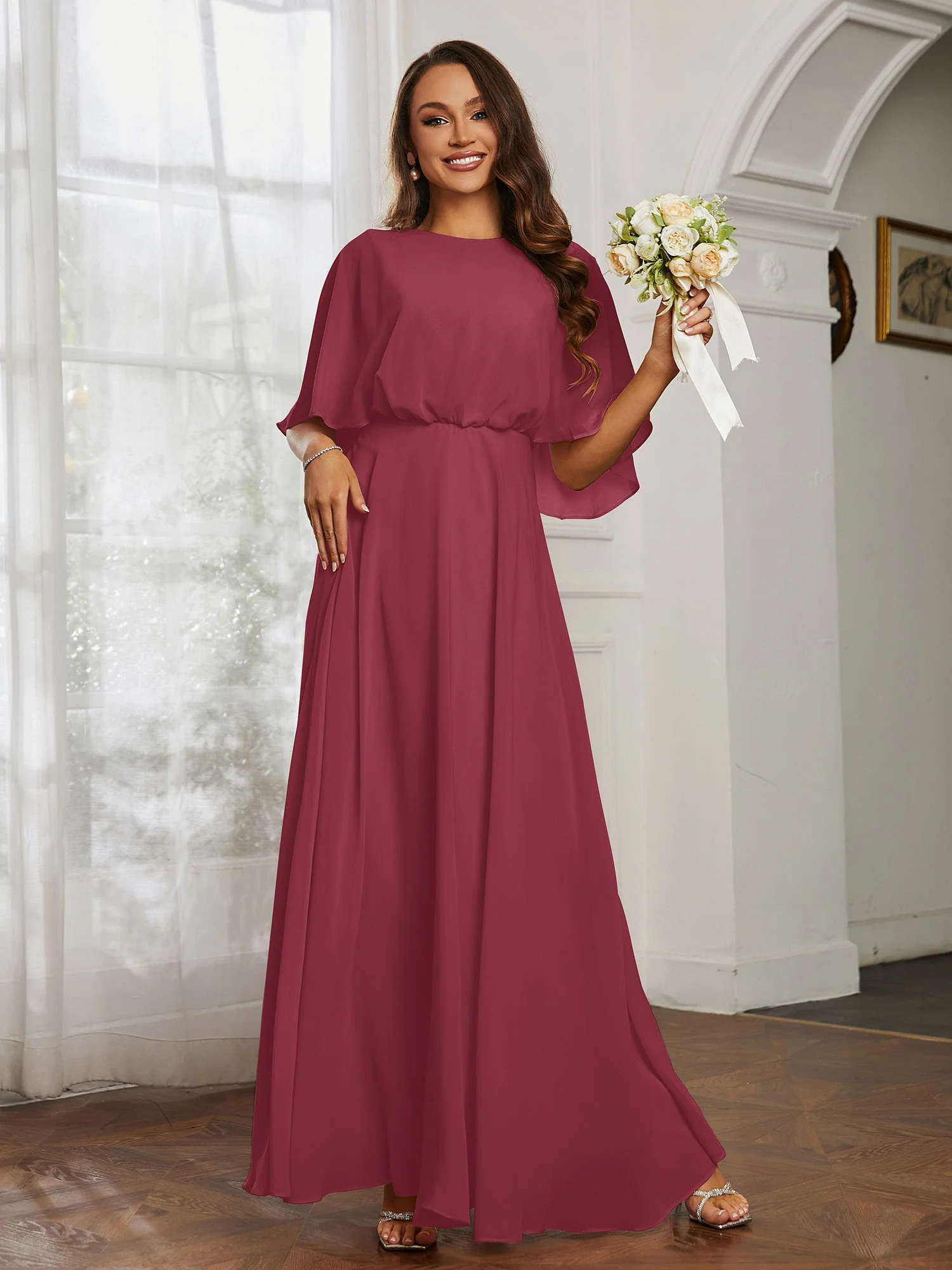 Flattern Ärmel lange Chiffon Brautjungfernkleider Zimtrose