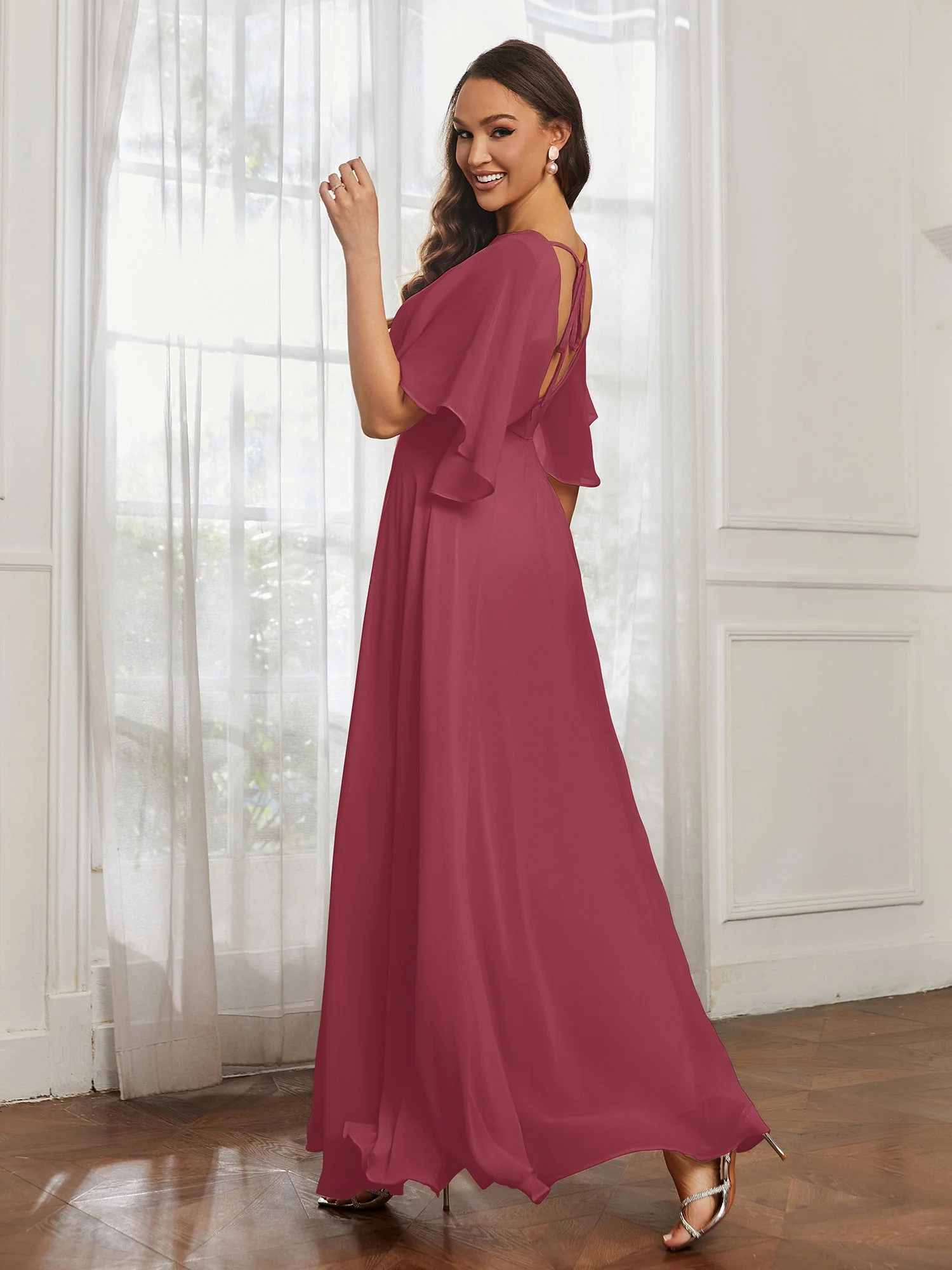Flattern Ärmel lange Chiffon Brautjungfernkleider Zimtrose - Image 2