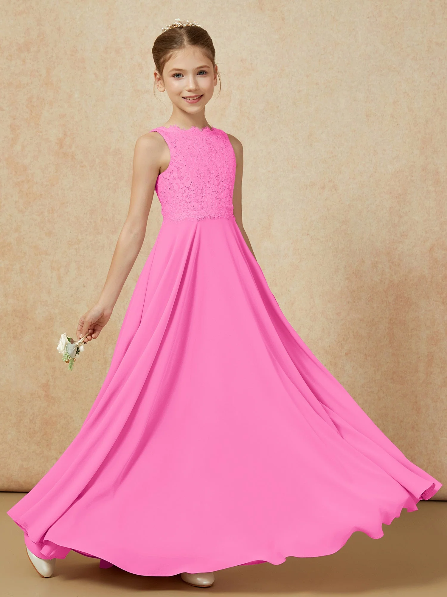Bateau Ausschnitt A-Linie Bodenlang Chiffon Junge Brautjungfernkleider Azalee - Image 6