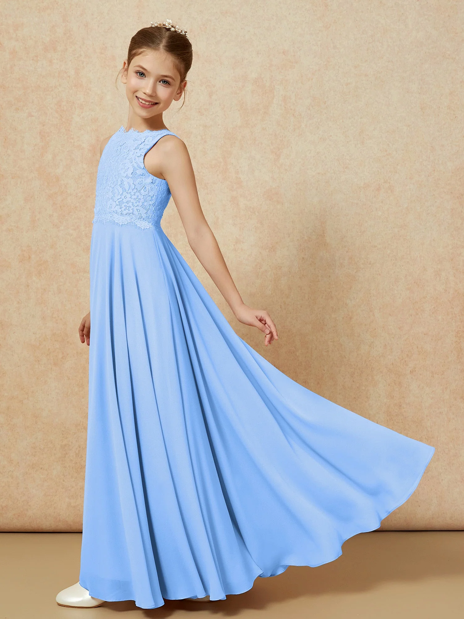 Bateau Ausschnitt A-Linie Bodenlang Chiffon Junge Brautjungfernkleider Blau - Image 4