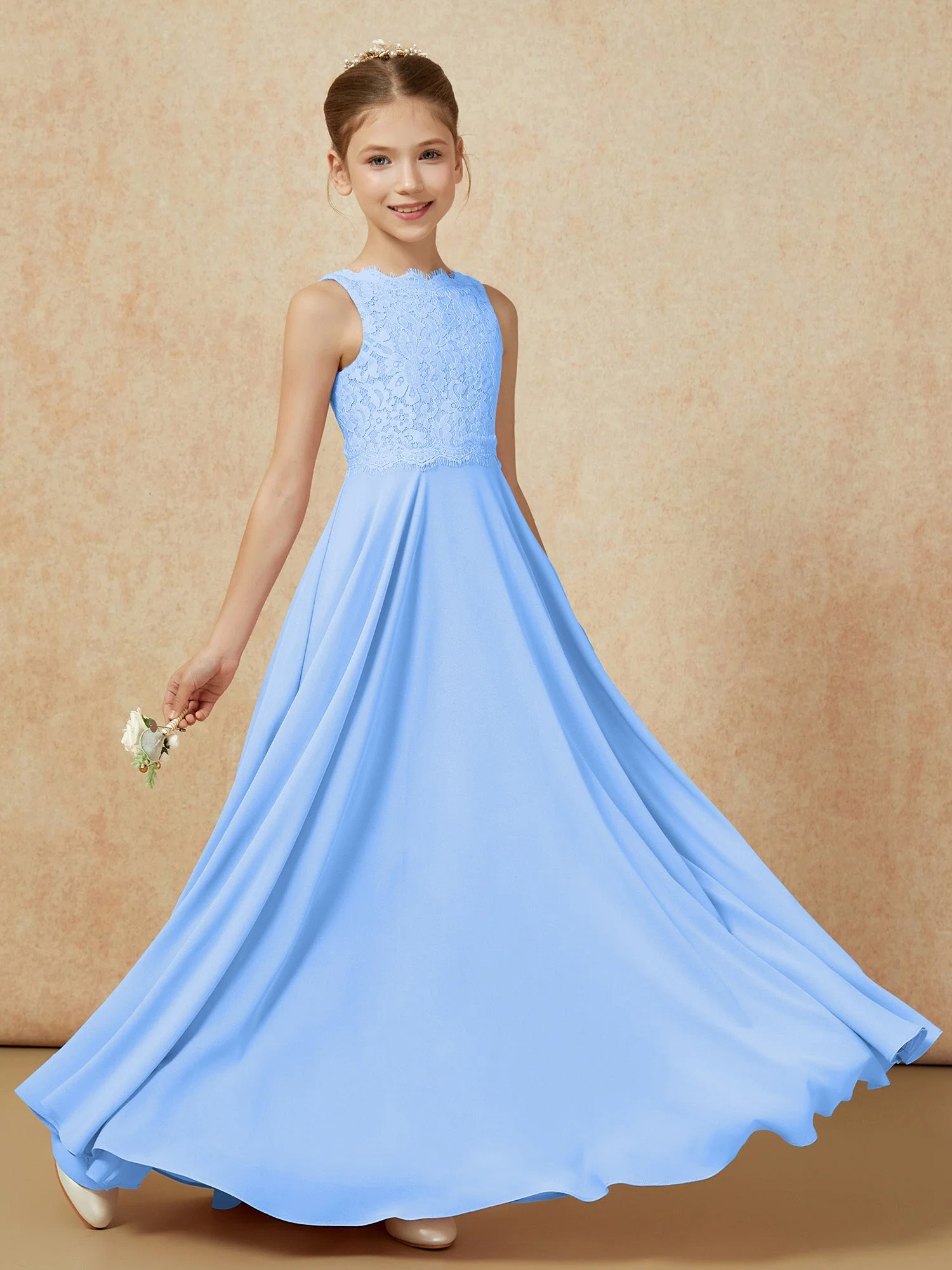Bateau Ausschnitt A-Linie Bodenlang Chiffon Junge Brautjungfernkleider Blau - Image 6