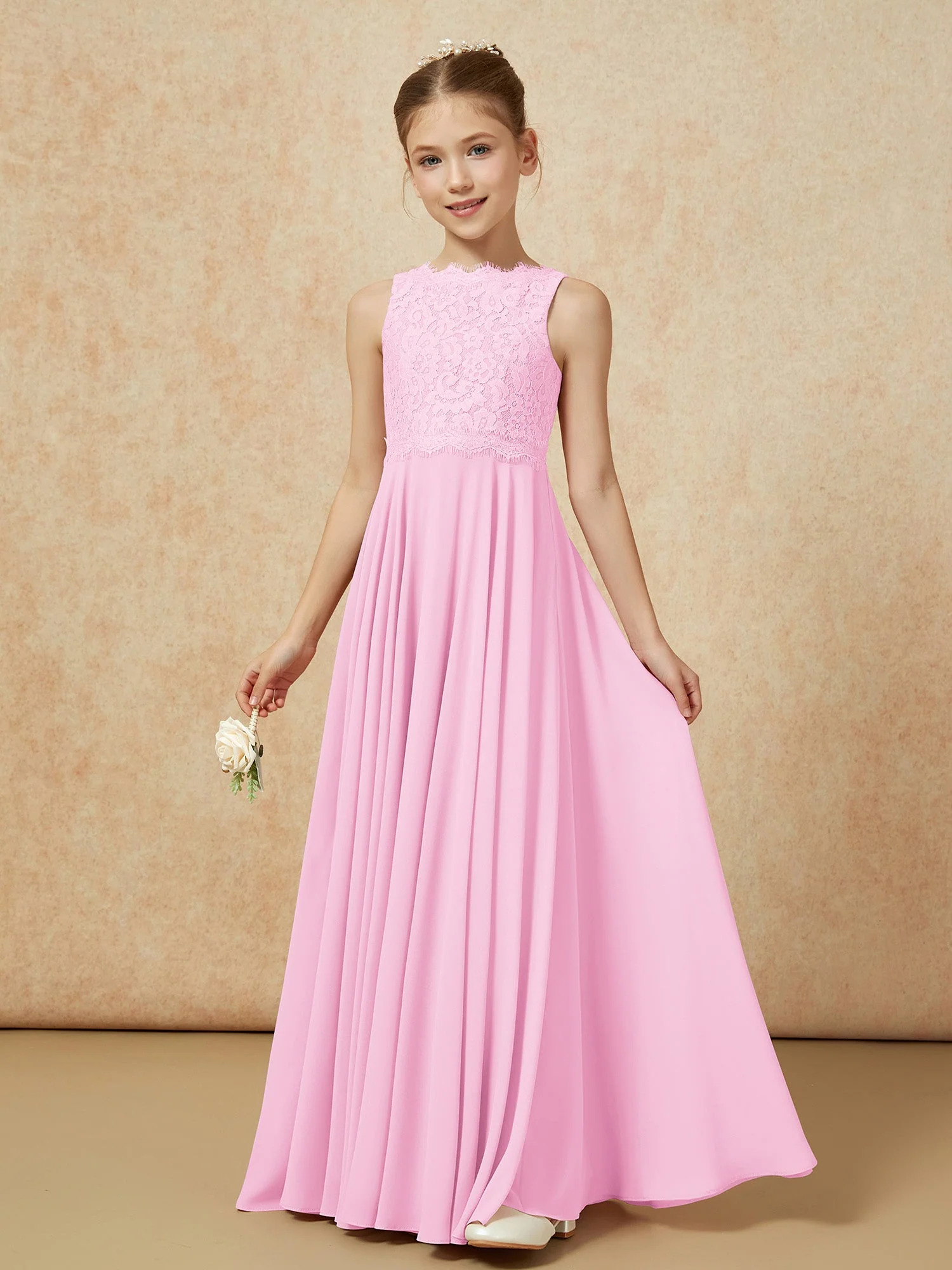 Bateau Ausschnitt A-Linie Bodenlang Chiffon Junge Brautjungfernkleider Bonbonrosa - Image 3