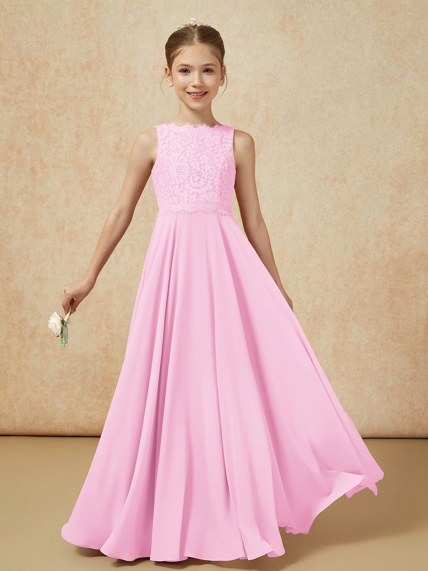 Bateau Ausschnitt A-Linie Bodenlang Chiffon Junge Brautjungfernkleider Bonbonrosa - Image 5