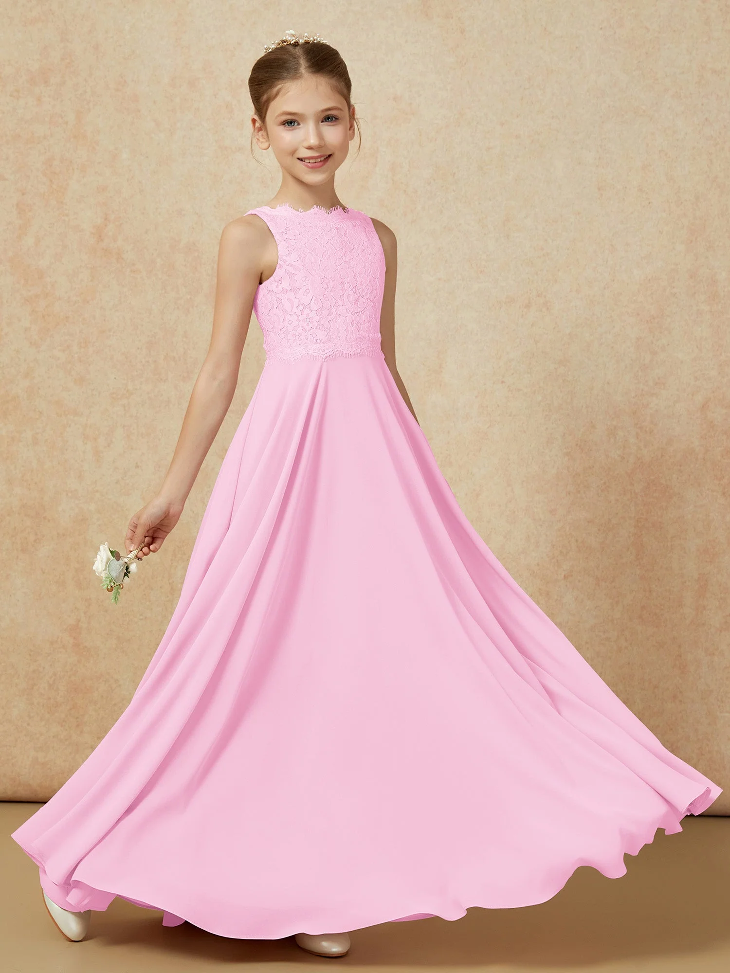 Bateau Ausschnitt A-Linie Bodenlang Chiffon Junge Brautjungfernkleider Bonbonrosa - Image 6