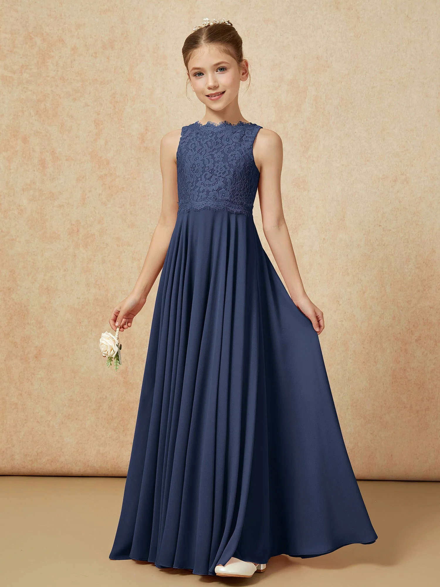 Bateau Ausschnitt A-Linie Bodenlang Chiffon Junge Brautjungfernkleider Dunkelmarine - Image 3