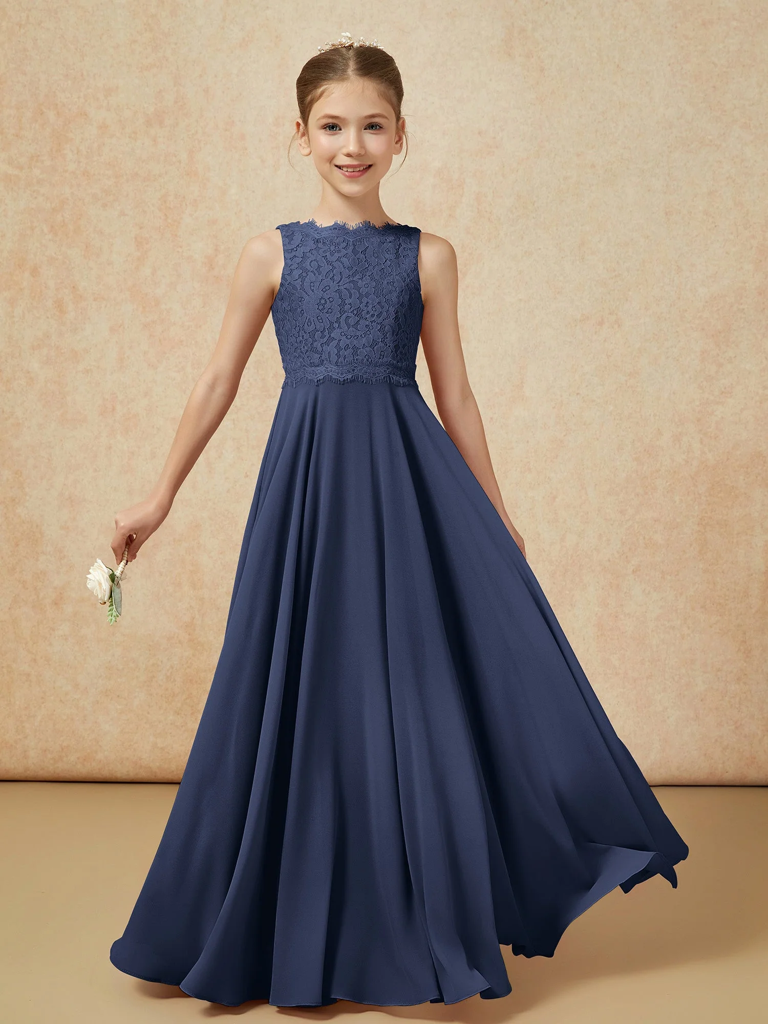 Bateau Ausschnitt A-Linie Bodenlang Chiffon Junge Brautjungfernkleider Dunkelmarine - Image 5