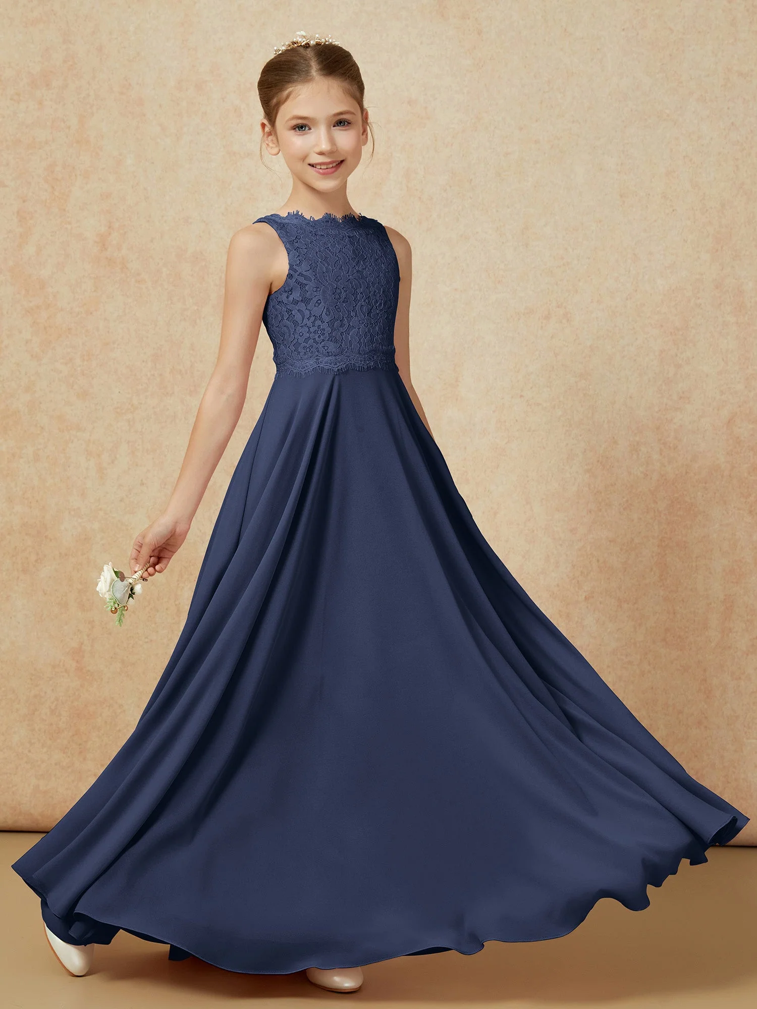Bateau Ausschnitt A-Linie Bodenlang Chiffon Junge Brautjungfernkleider Dunkelmarine - Image 6