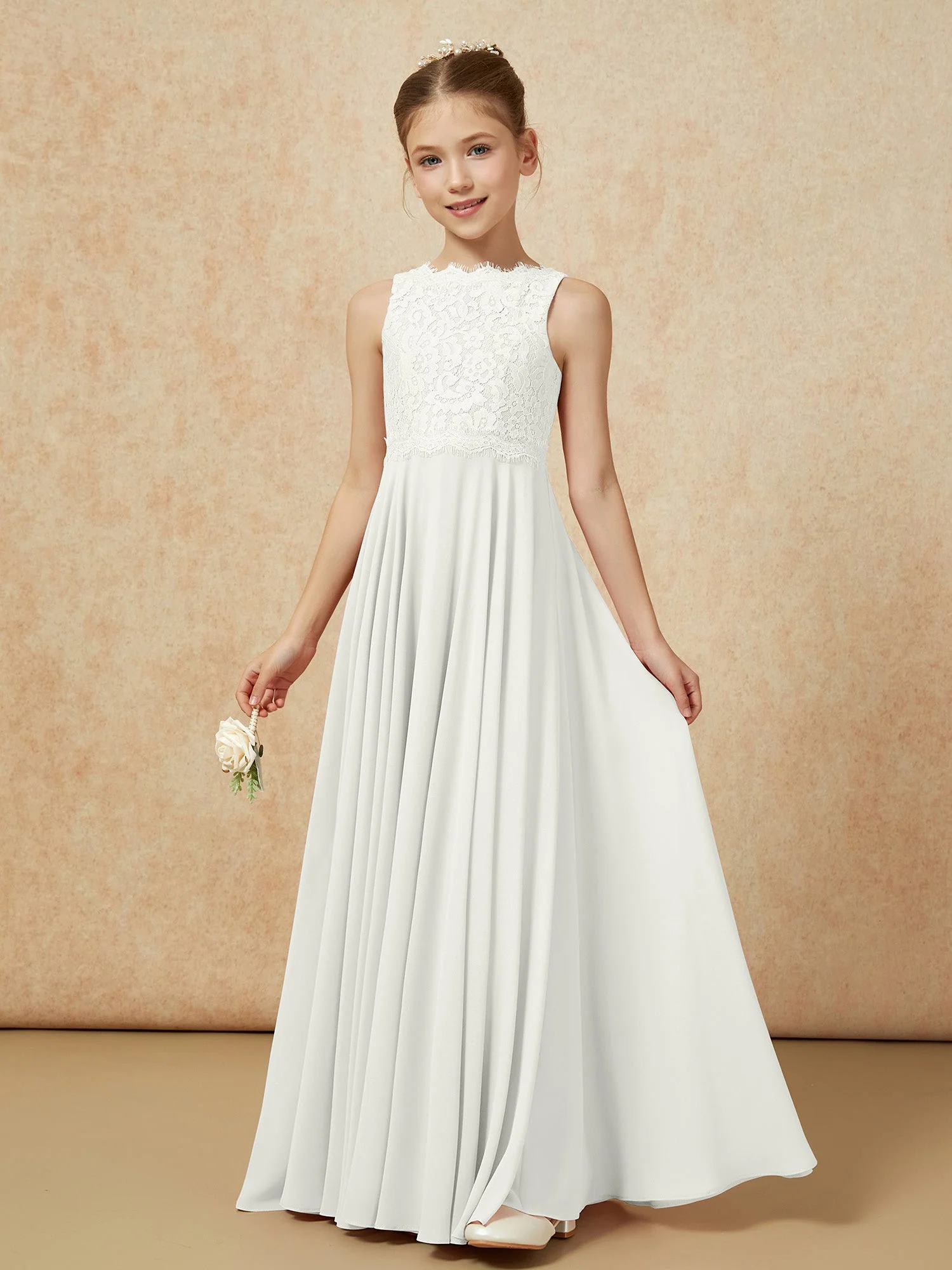 Bateau Ausschnitt A-Linie Bodenlang Chiffon Junge Brautjungfernkleider Elfenbein - Image 3