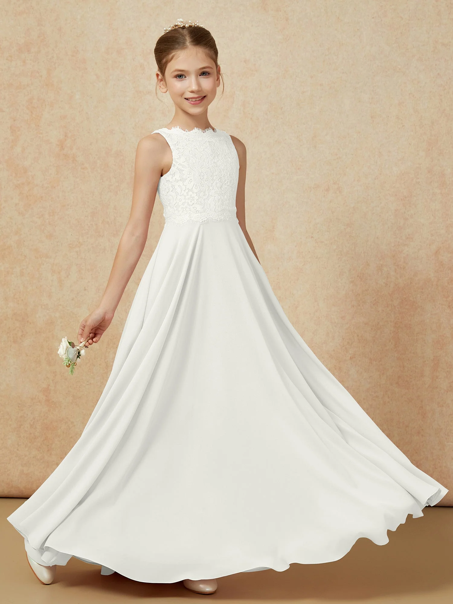 Bateau Ausschnitt A-Linie Bodenlang Chiffon Junge Brautjungfernkleider Elfenbein - Image 6