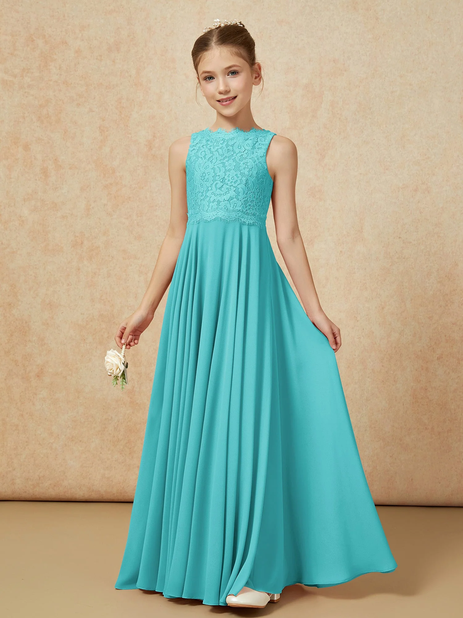 Bateau Ausschnitt A-Linie Bodenlang Chiffon Junge Brautjungfernkleider Jade - Image 3
