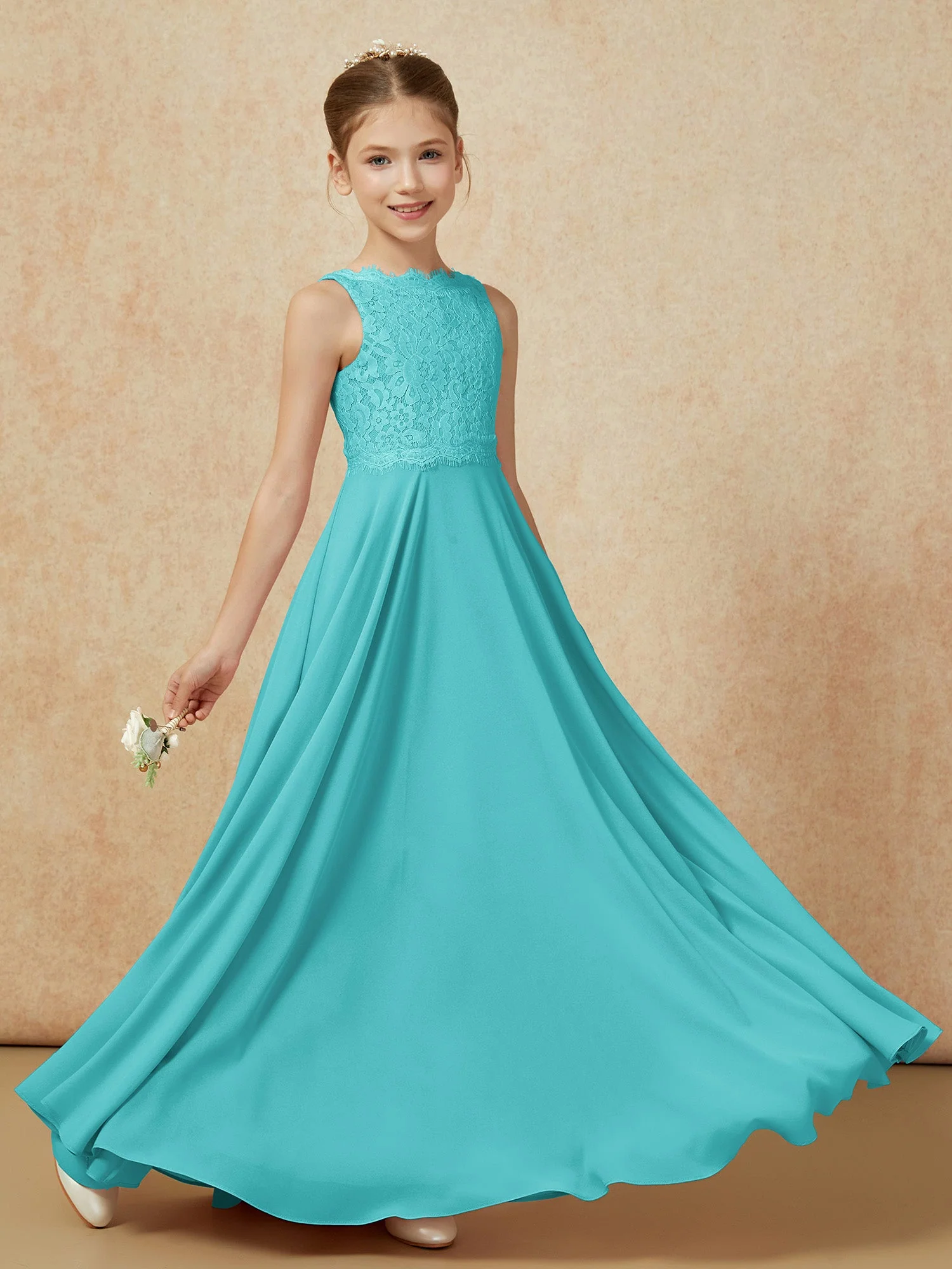 Bateau Ausschnitt A-Linie Bodenlang Chiffon Junge Brautjungfernkleider Jade - Image 6
