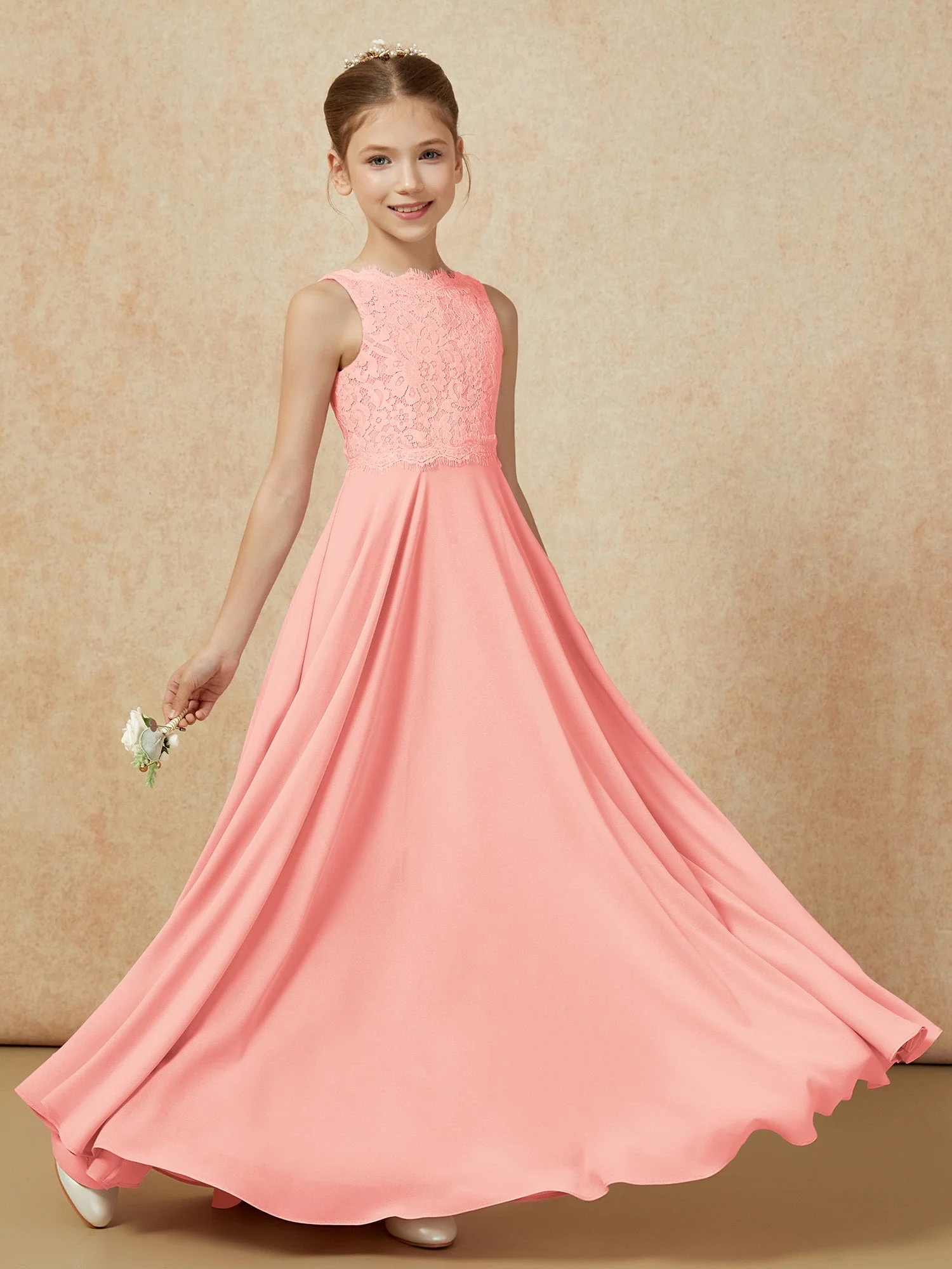 Bateau Ausschnitt A-Linie Bodenlang Chiffon Junge Brautjungfernkleider Koralle - Image 6
