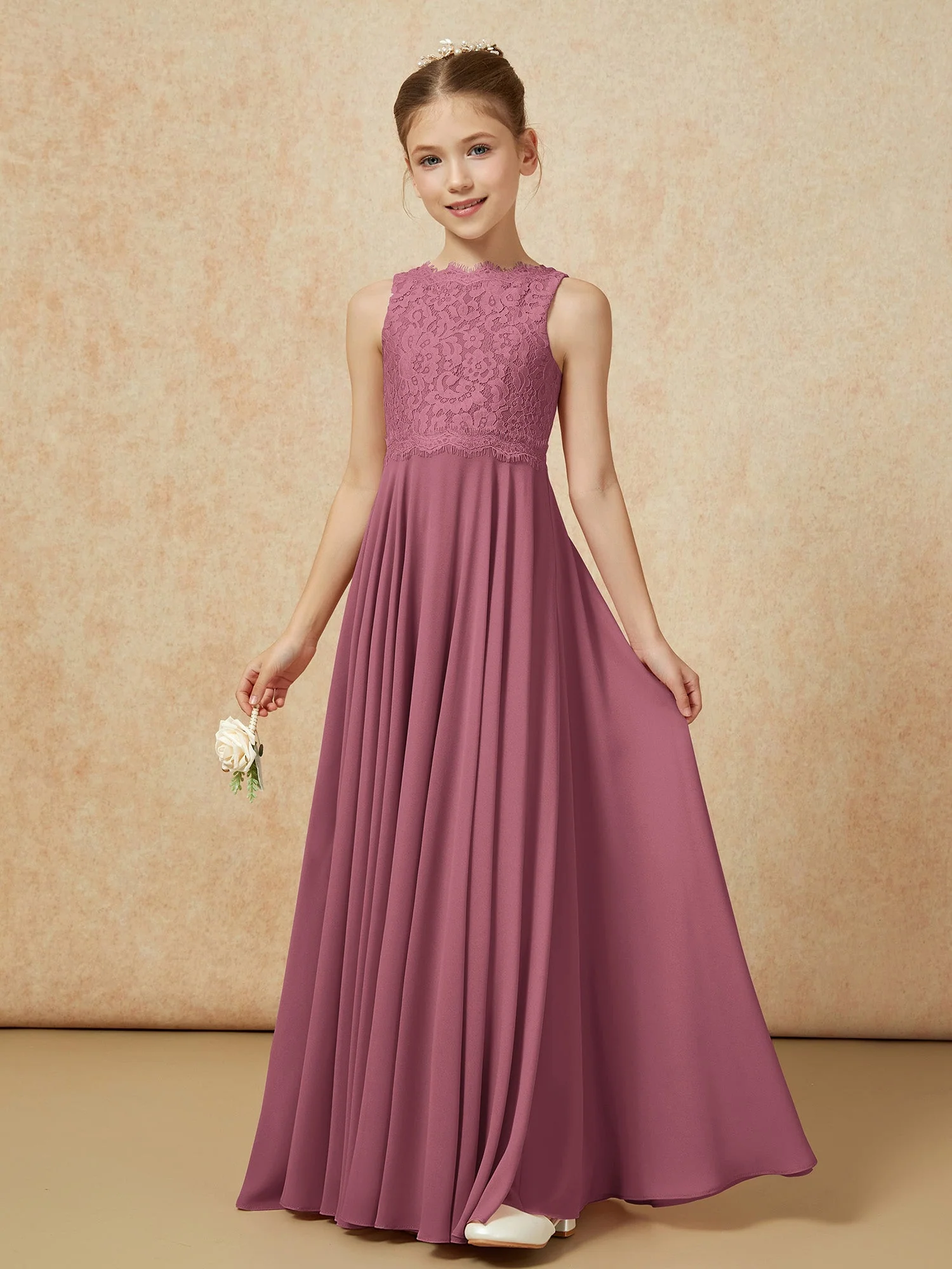Bateau Ausschnitt A-Linie Bodenlang Chiffon Junge Brautjungfernkleider Maulbeere - Image 3