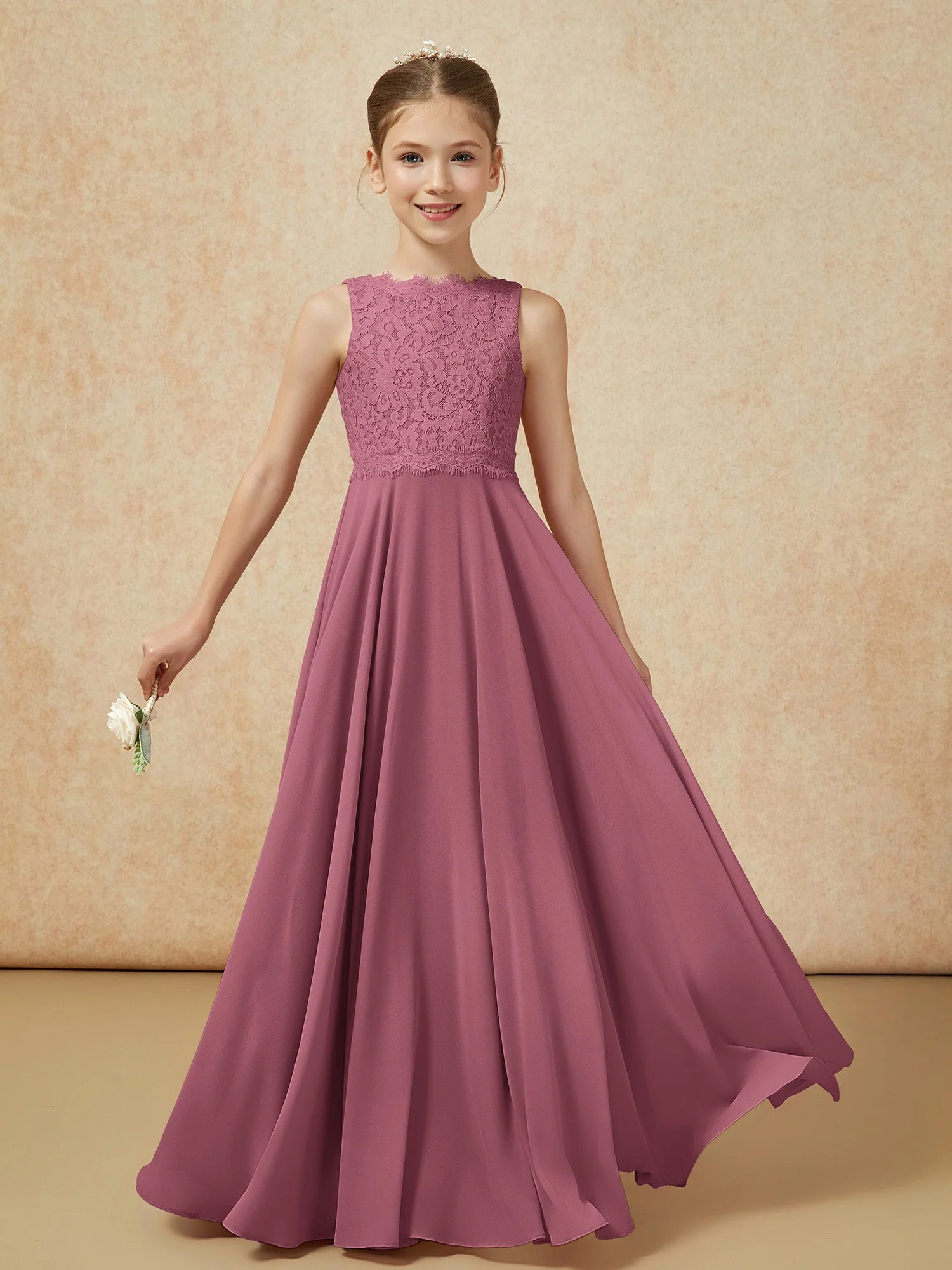 Bateau Ausschnitt A-Linie Bodenlang Chiffon Junge Brautjungfernkleider Maulbeere - Image 5