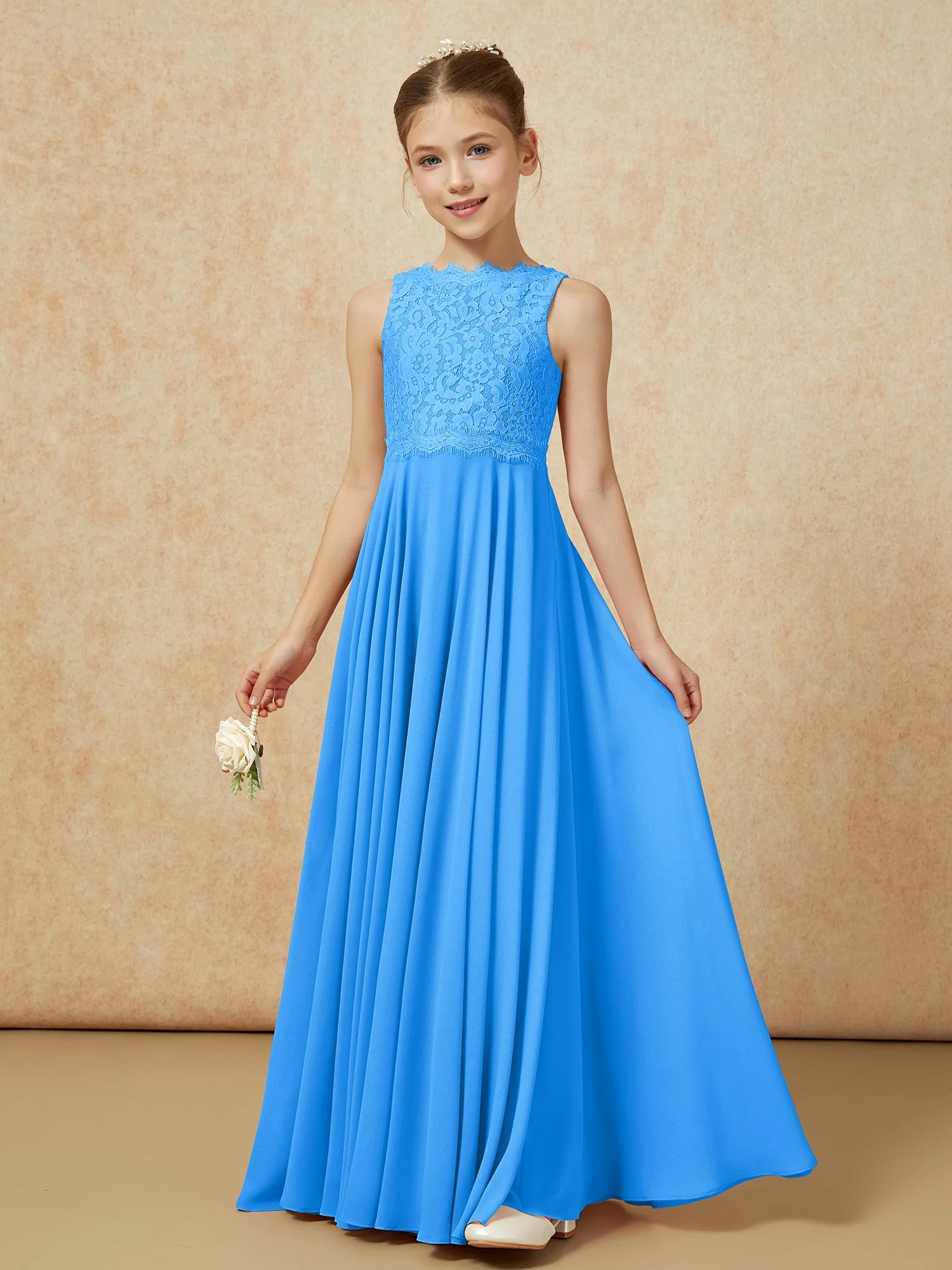 Bateau Ausschnitt A-Linie Bodenlang Chiffon Junge Brautjungfernkleider Meerblau - Image 3