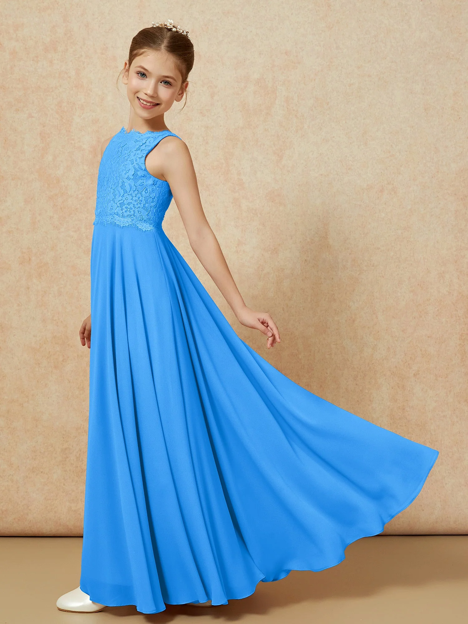 Bateau Ausschnitt A-Linie Bodenlang Chiffon Junge Brautjungfernkleider Meerblau - Image 4