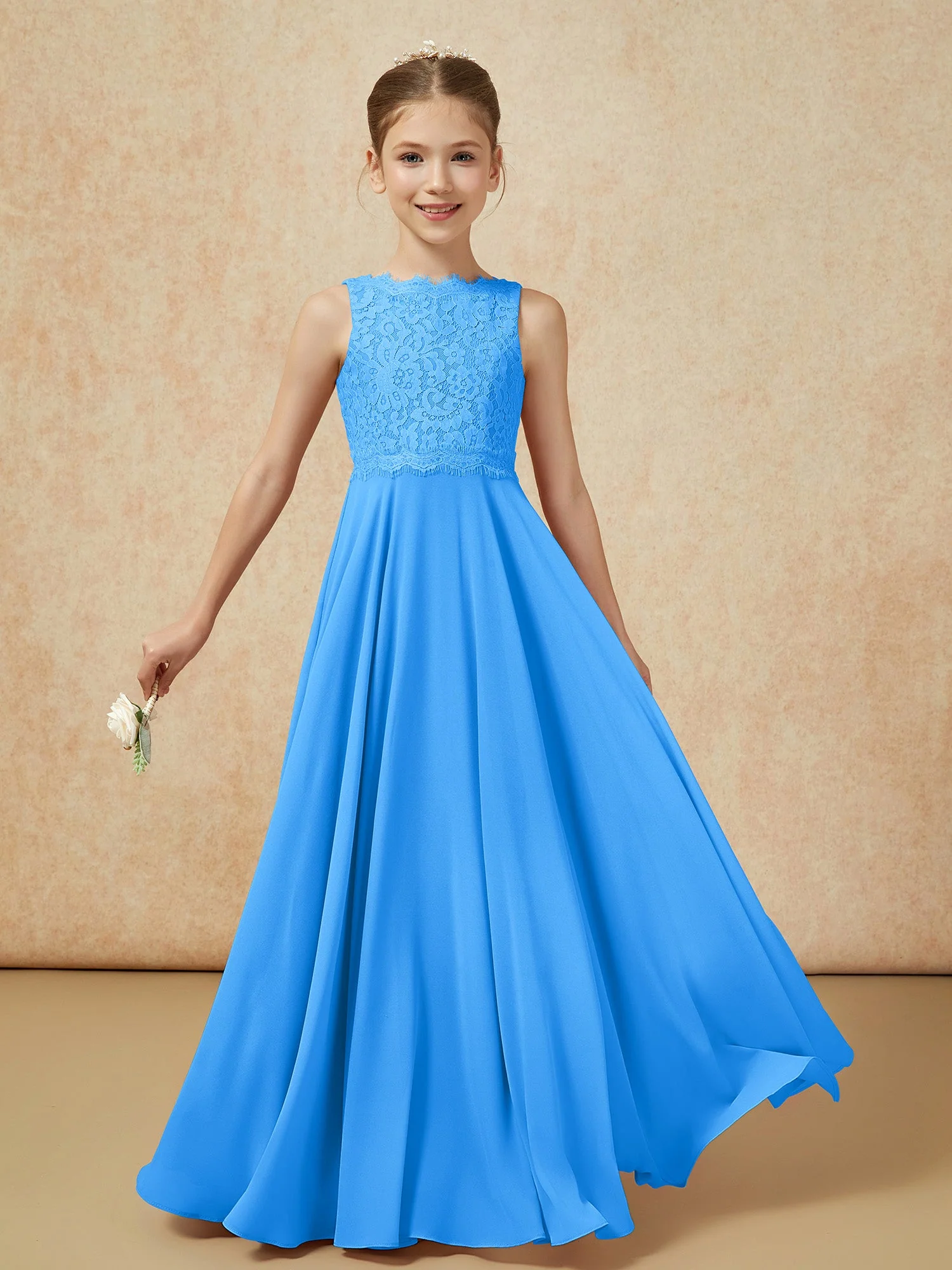 Bateau Ausschnitt A-Linie Bodenlang Chiffon Junge Brautjungfernkleider Meerblau - Image 5