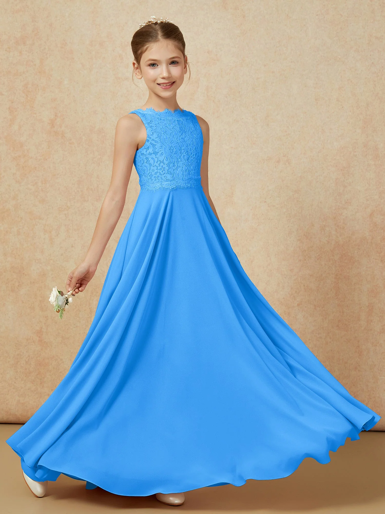 Bateau Ausschnitt A-Linie Bodenlang Chiffon Junge Brautjungfernkleider Meerblau - Image 6