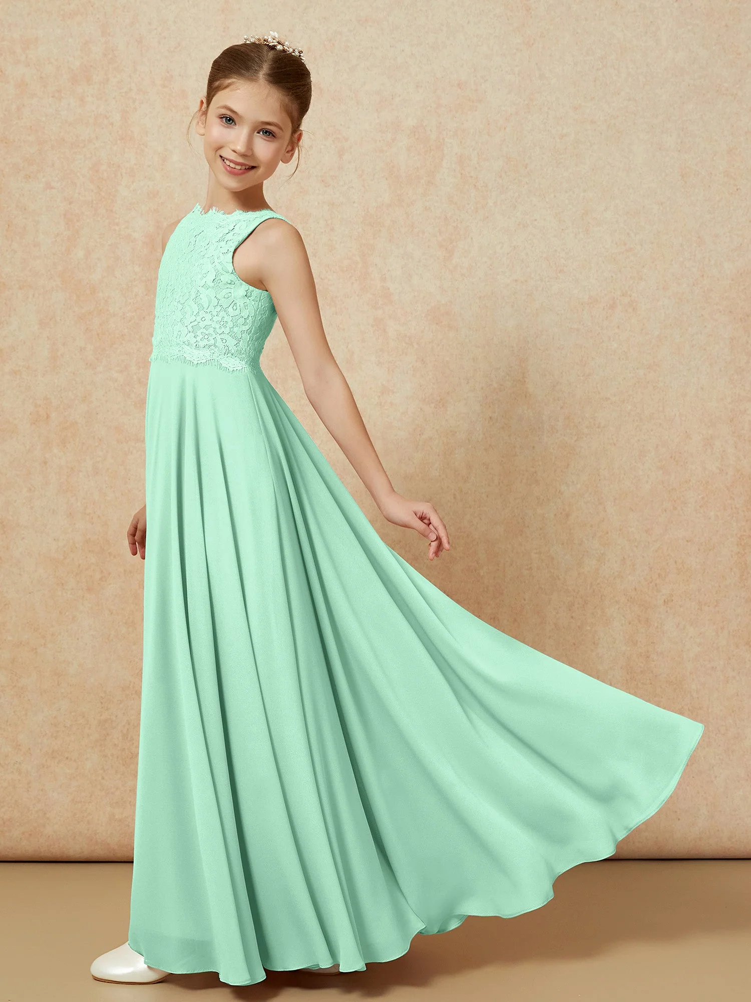 Bateau Ausschnitt A-Linie Bodenlang Chiffon Junge Brautjungfernkleider Minzgrün - Image 4